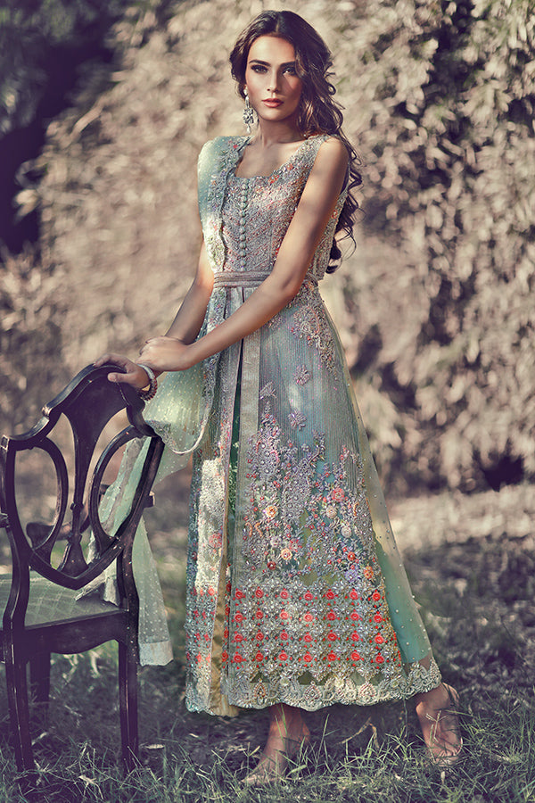 Seafoam Green Embroidered Organza Salwar Kameez (3-Piece) - Image 2