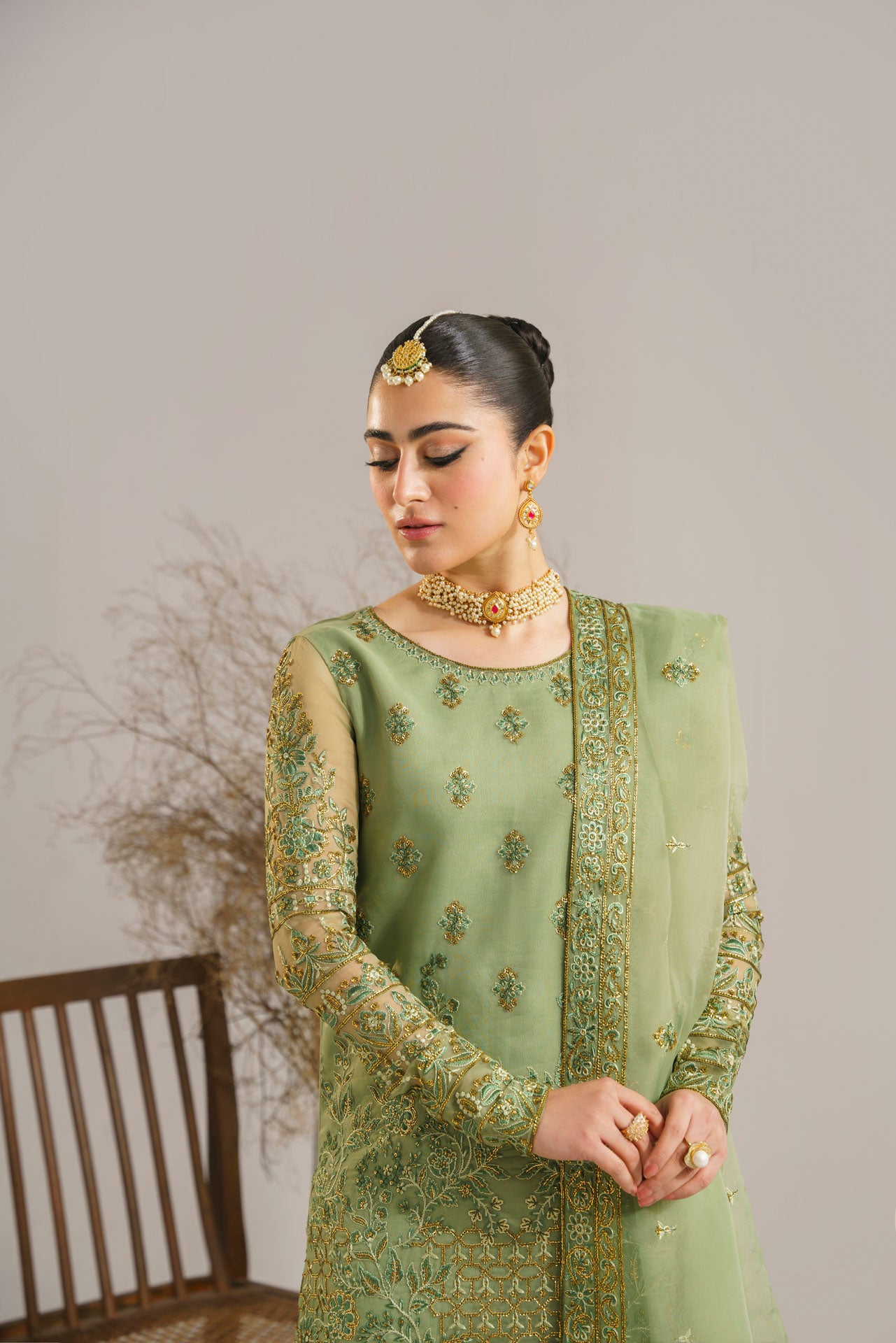 Sage Green Embroidered Organza Salwar Kameez (3-Piece) - Image 2