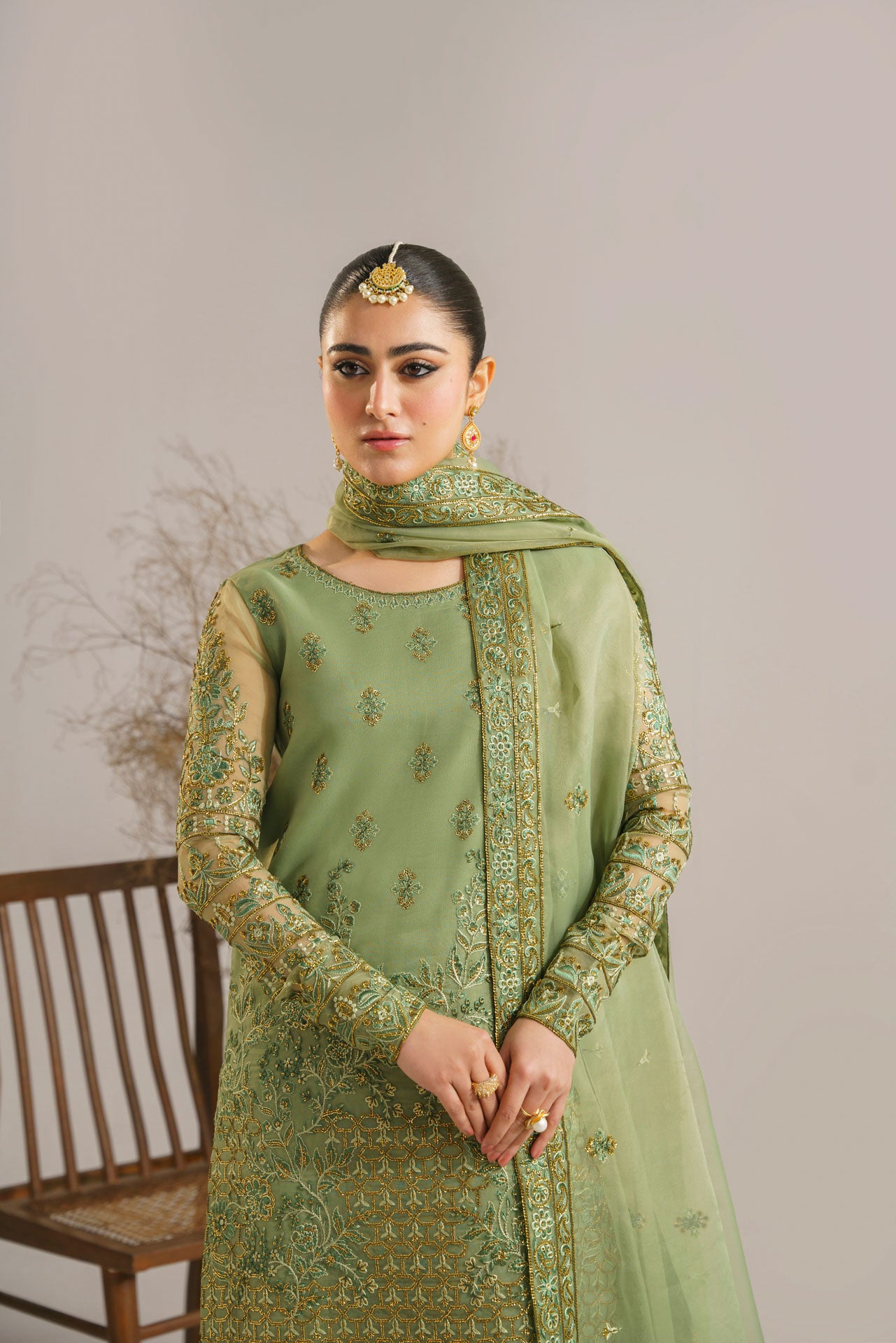 Sage Green Embroidered Organza Salwar Kameez (3-Piece) - Image 3