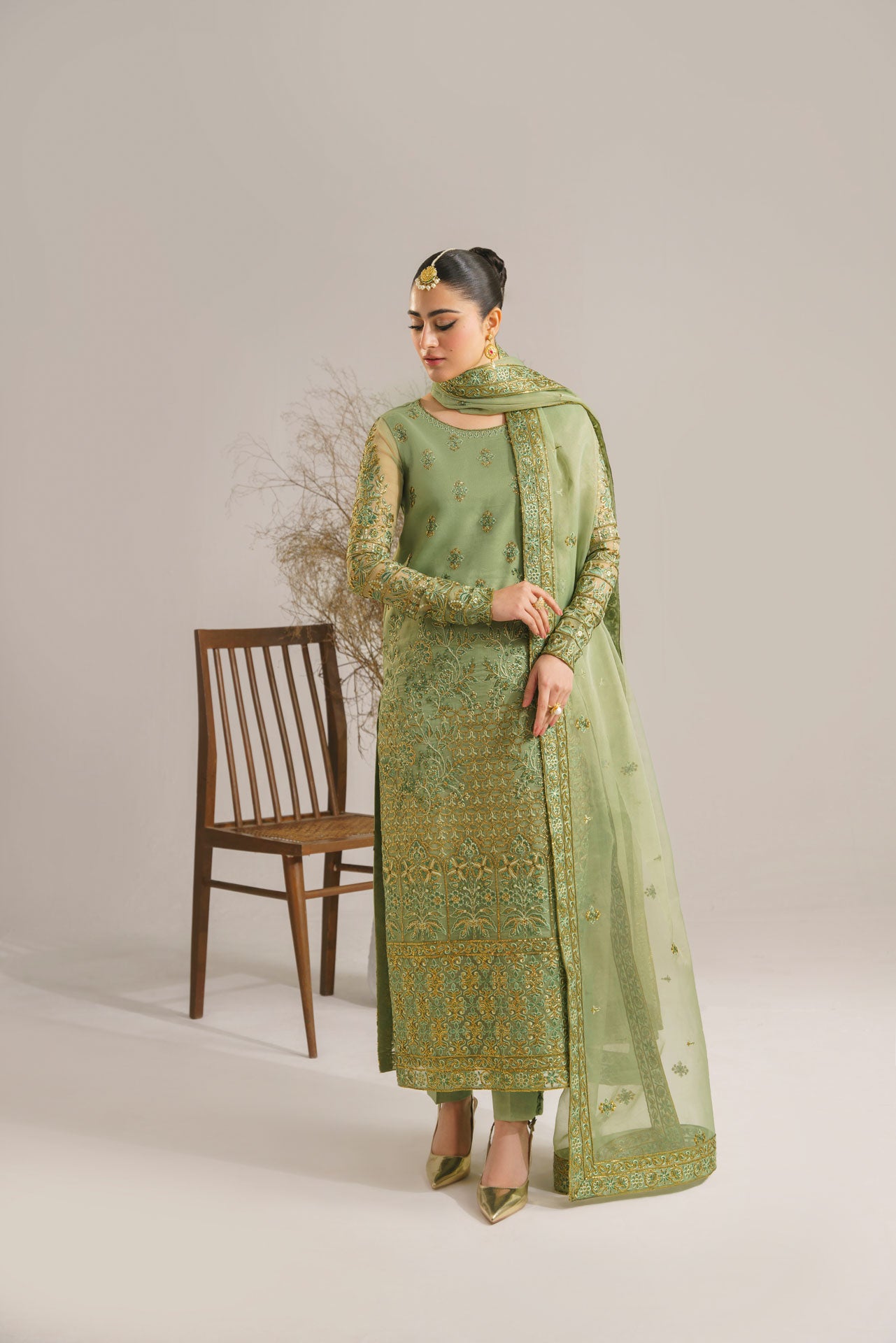Sage Green Embroidered Organza Salwar Kameez (3-Piece) - Image 4