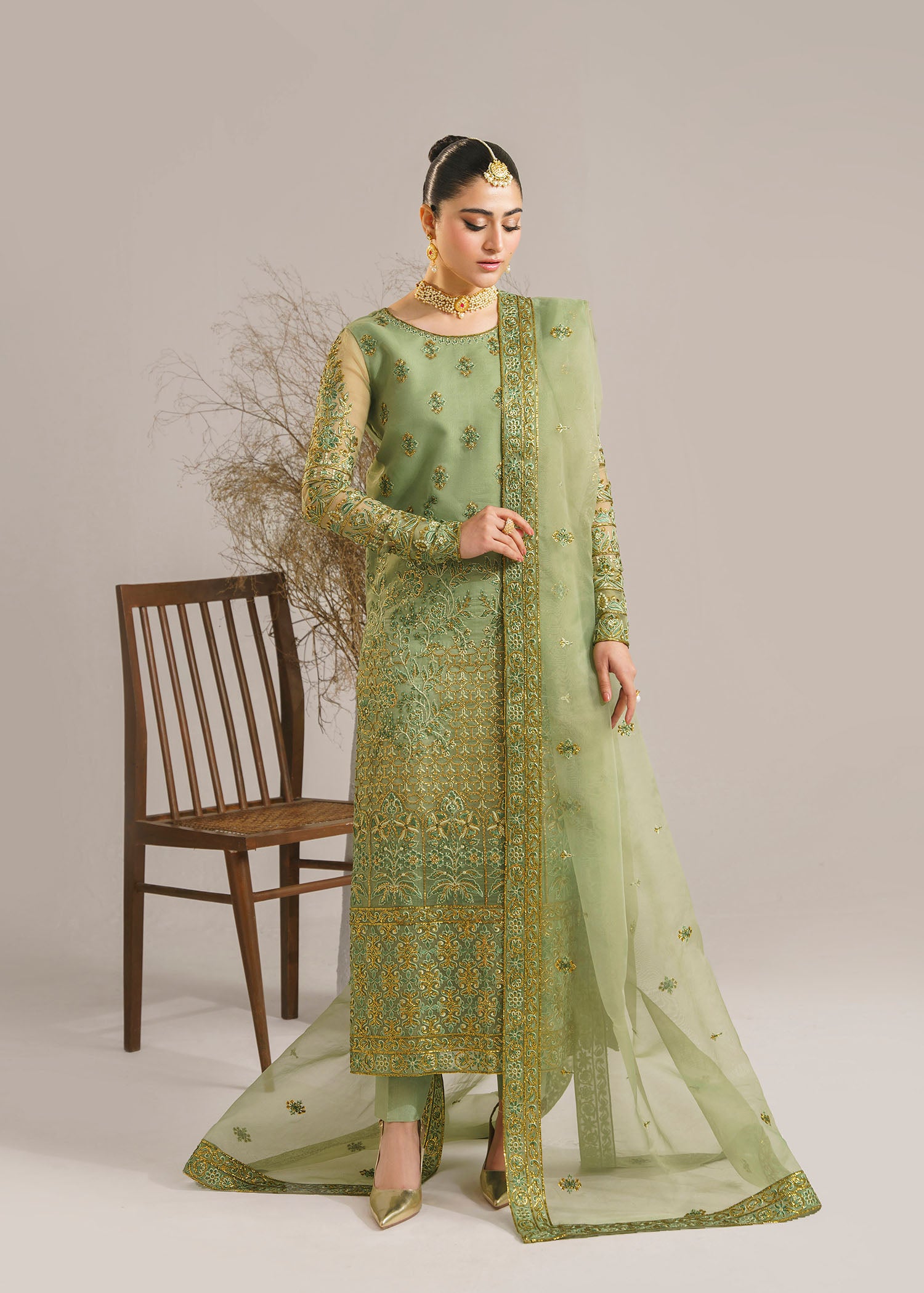 Sage Green Embroidered Organza Salwar Kameez (3-Piece) - Image 5
