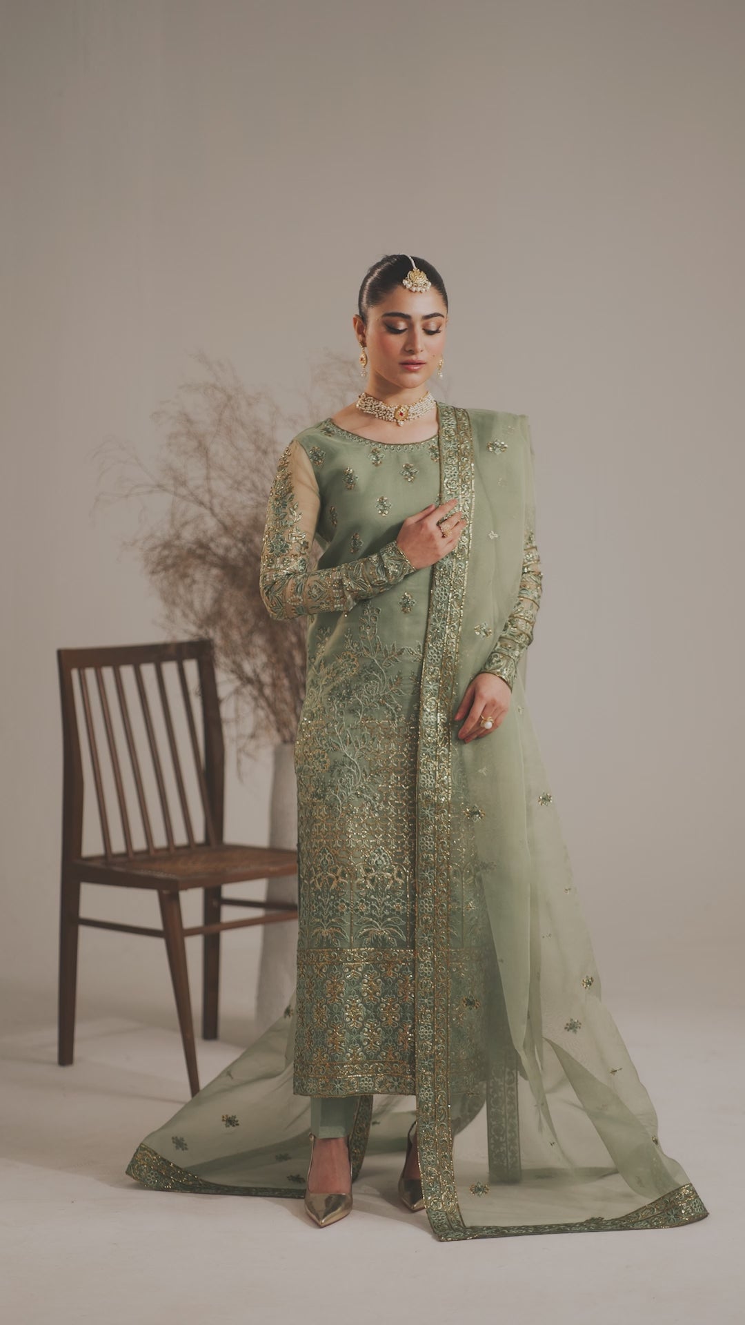 Sage Green Embroidered Organza Salwar Kameez (3-Piece) - Image 8