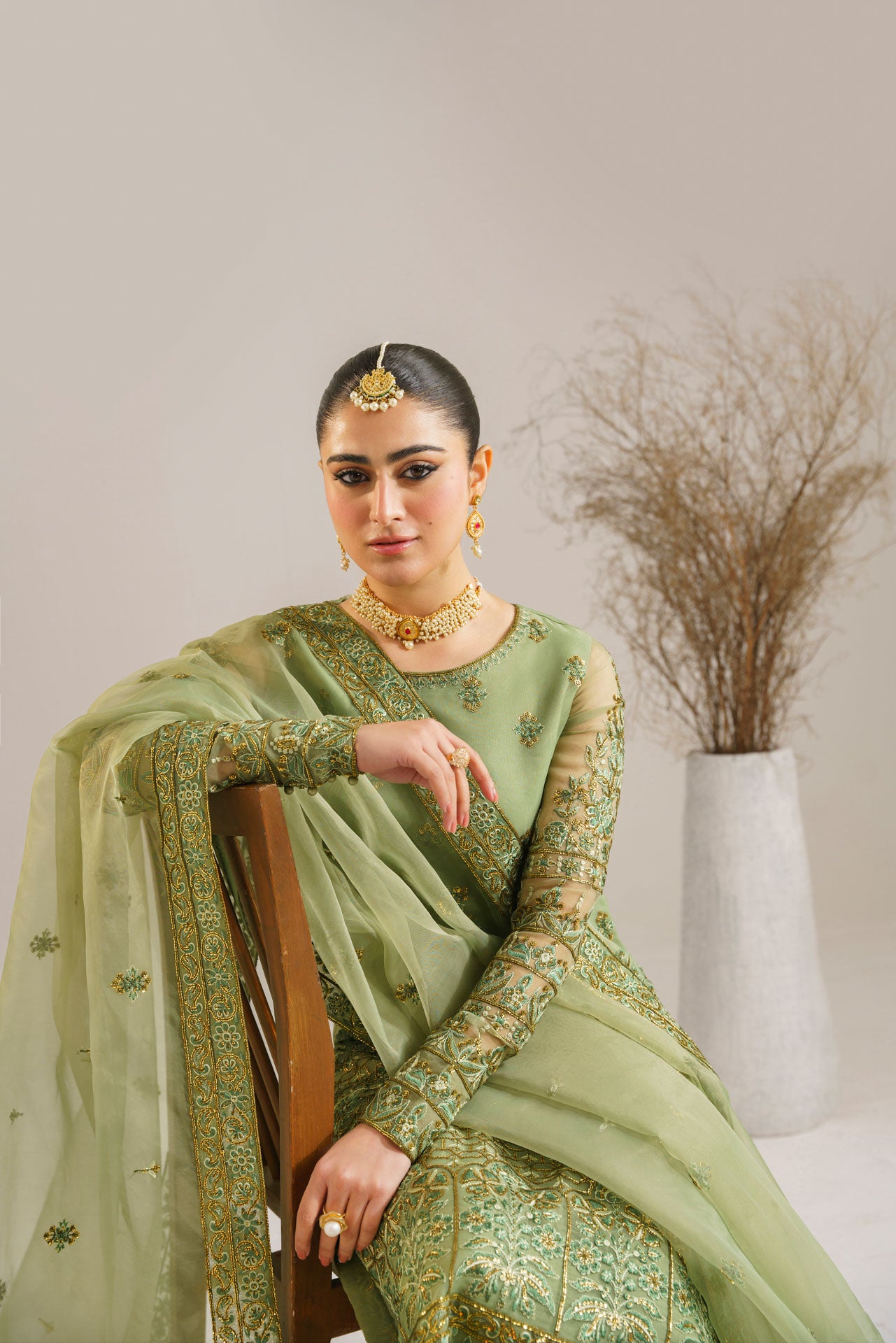 Sage Green Embroidered Organza Salwar Kameez (3-Piece) - Image 9