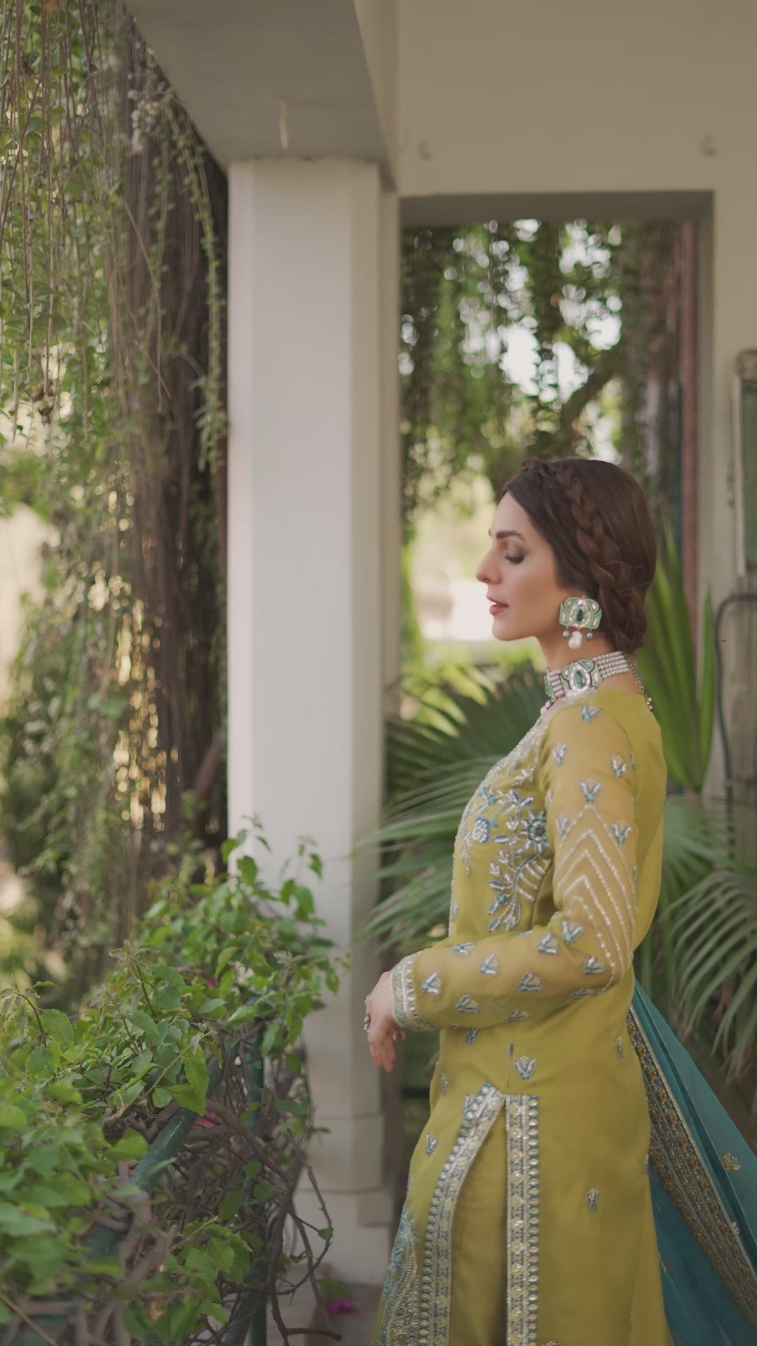 Pakistani Olive Green Embroidered Organza Salwar Kameez (3-Piece) - Image 3