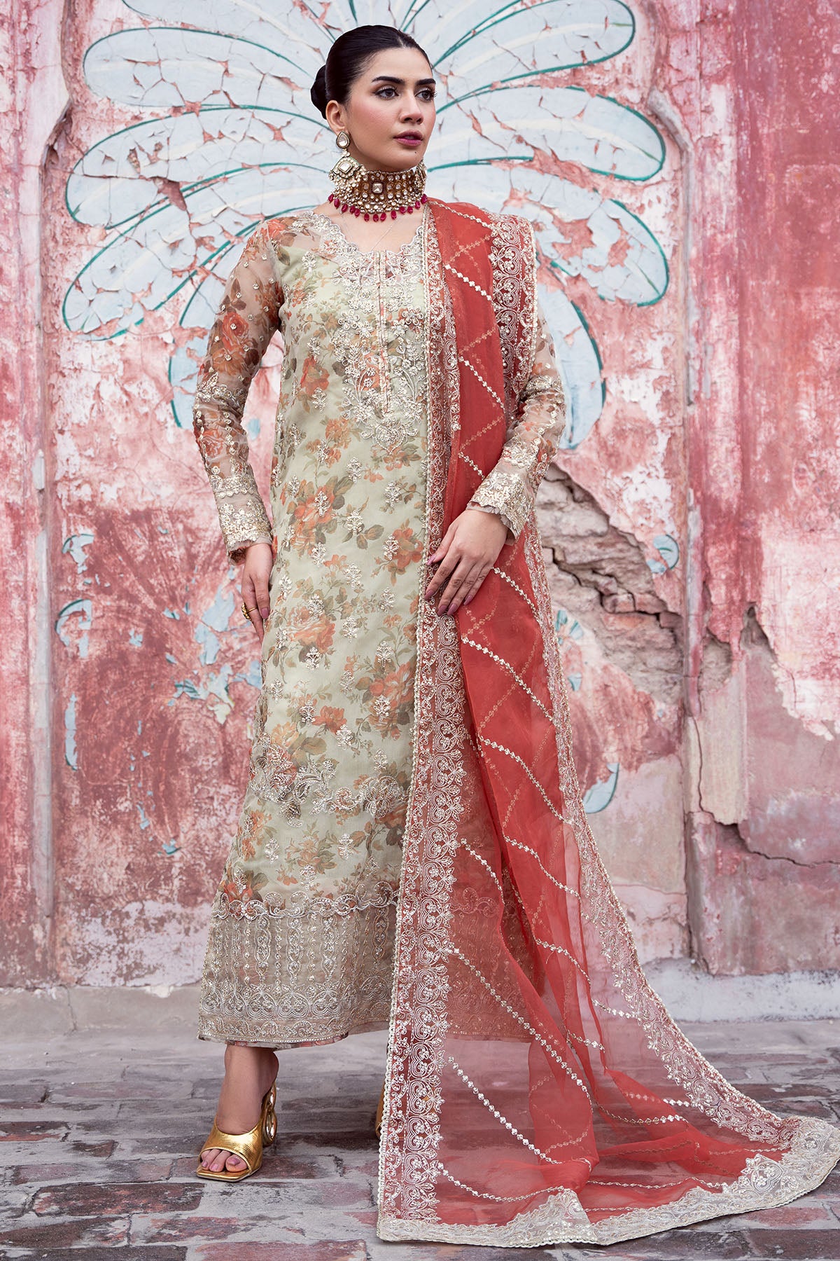 Sage Floral Embroidered Organza Salwar Kameez (3-Piece) - Image 1