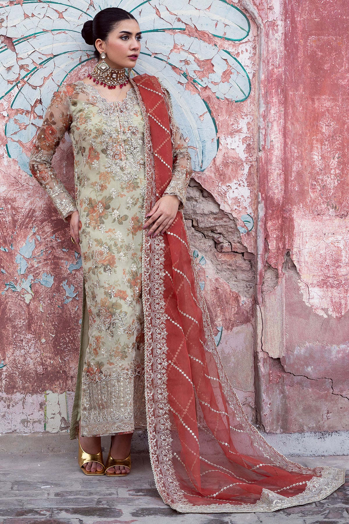 Sage Floral Embroidered Organza Salwar Kameez (3-Piece) - Image 2