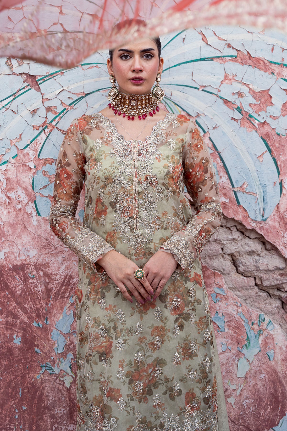 Pakistani Sage Floral Embroidered Organza 3-Piece Suit - Image 4