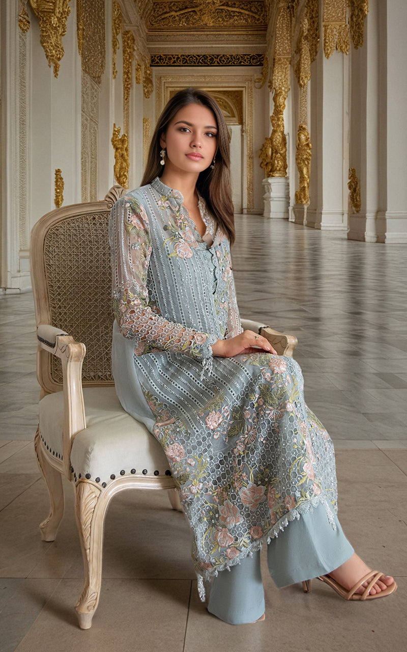 Pakistani Pistachio Embroidered Organza Front-Open Jacket (2-Piece) - Image 2