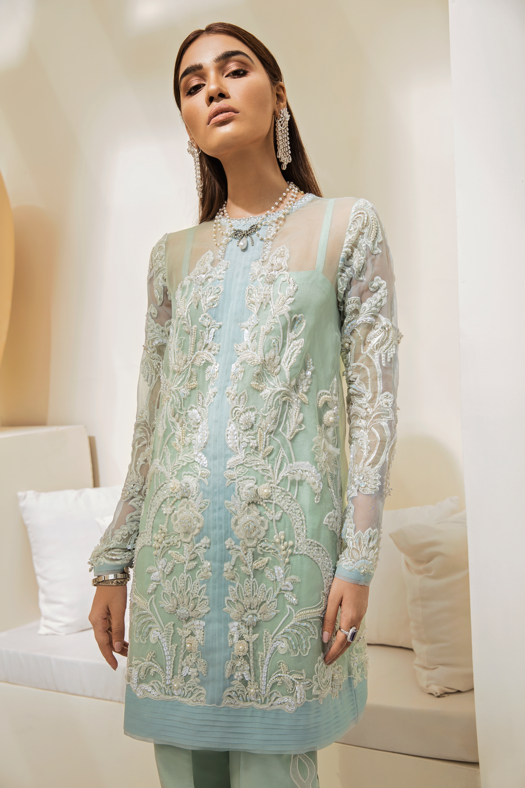 Pakistani Seafoam Hand-Embellished Organza Salwar Kameez (3-Piece) - Image 1