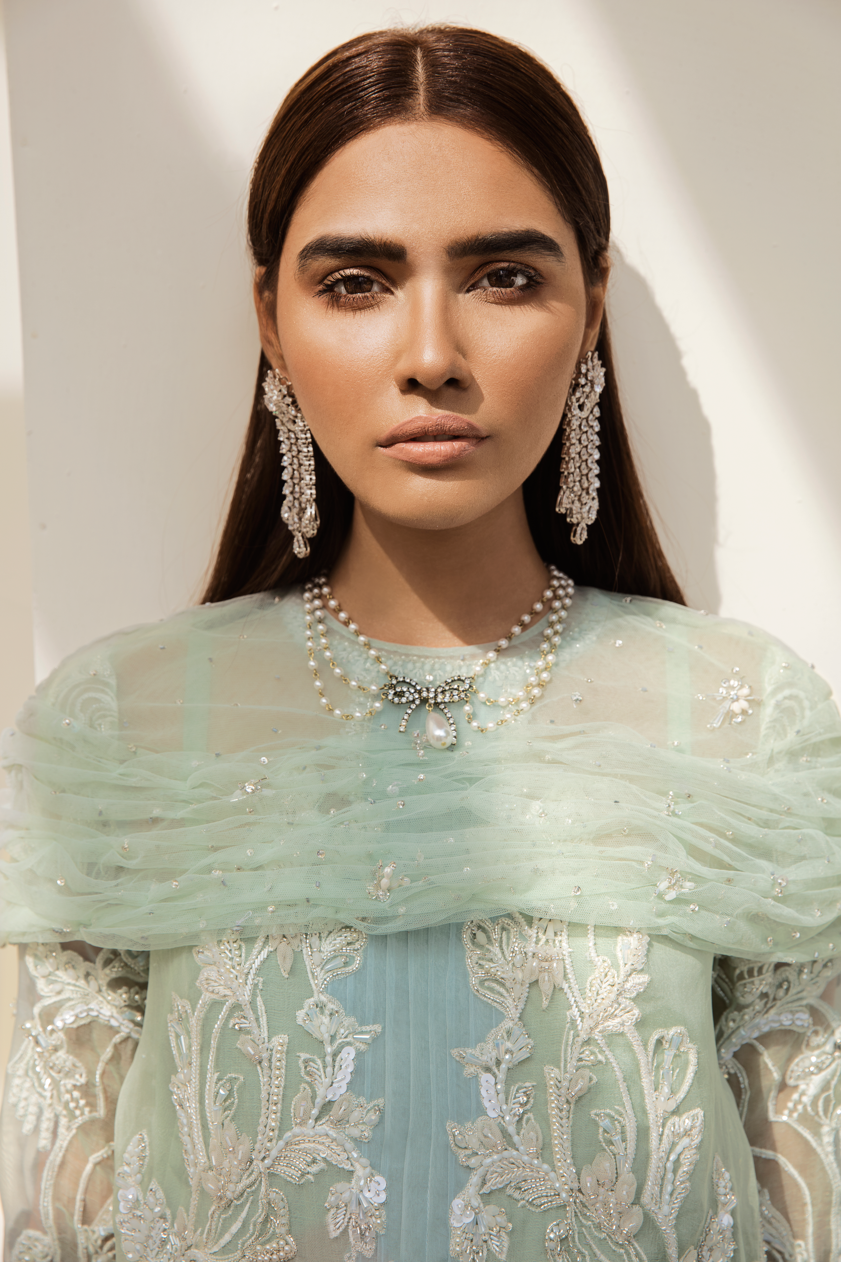 Pakistani Seafoam Hand-Embellished Organza Salwar Kameez (3-Piece) - Image 3