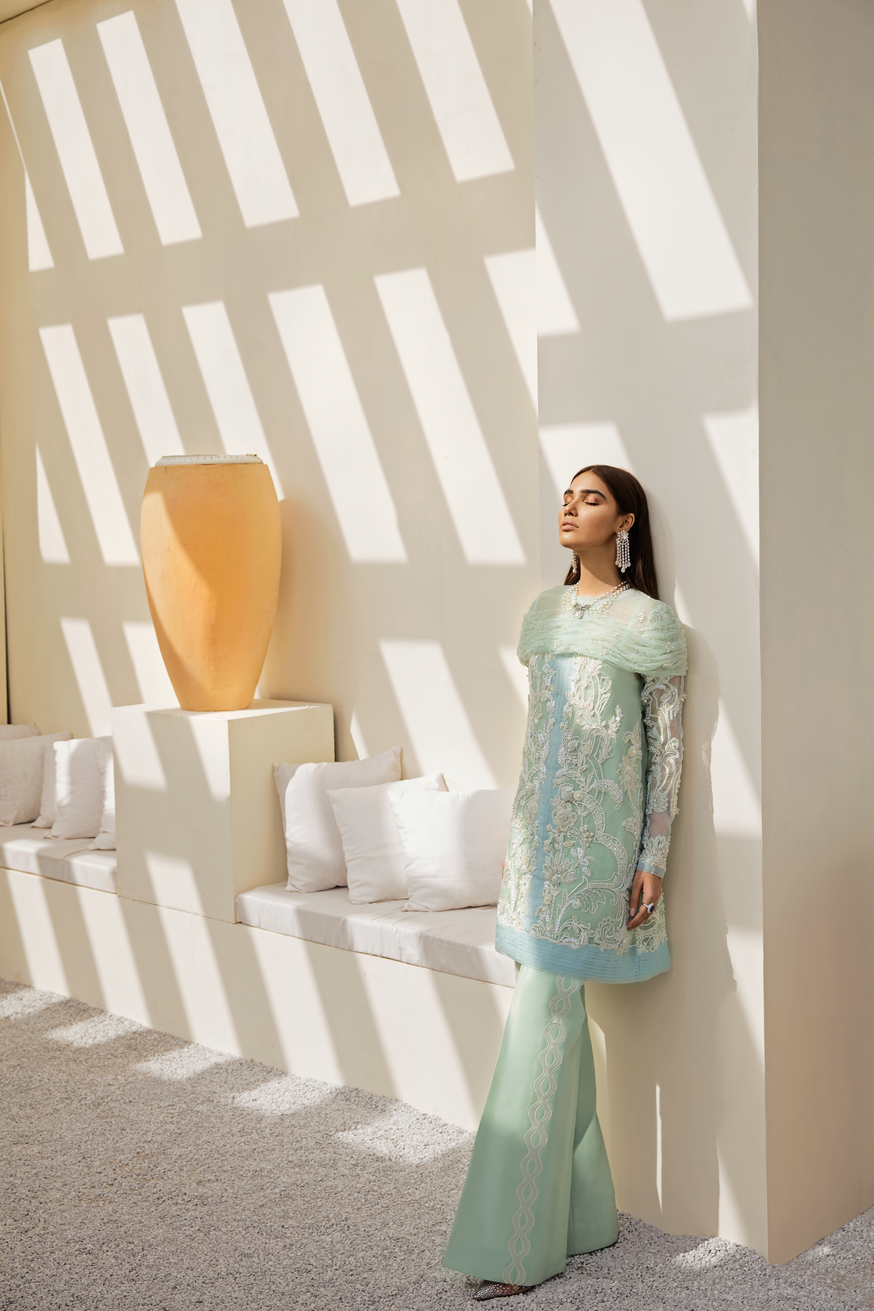 Pakistani Seafoam Hand-Embellished Organza Salwar Kameez (3-Piece) - Image 5