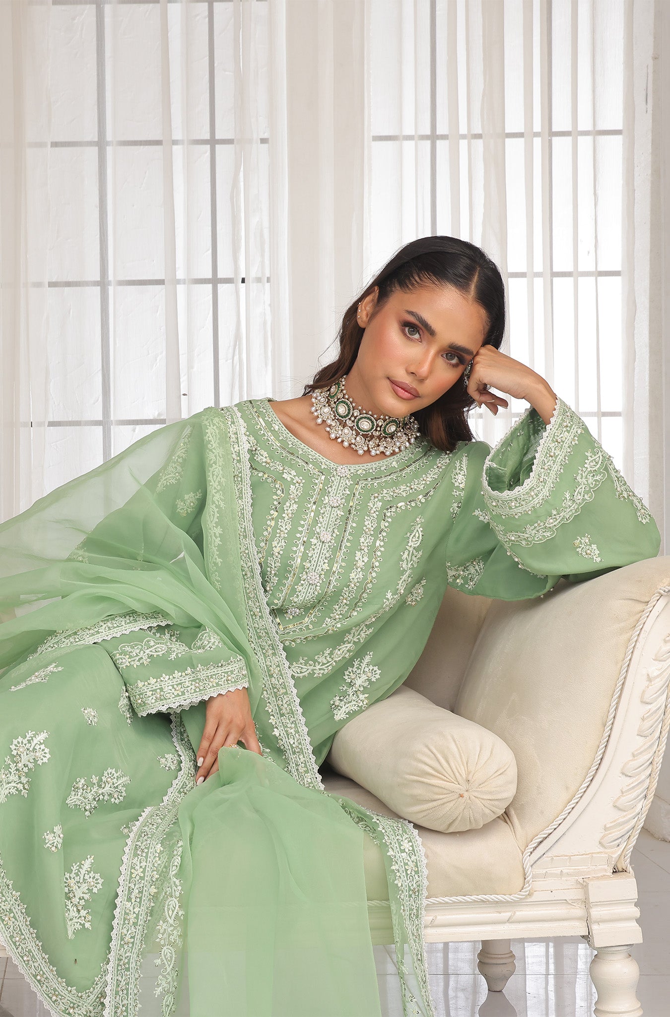 Pastel Pistachio Embroidered Pure Organza Salwar Kameez (3-Piece) - Image 1