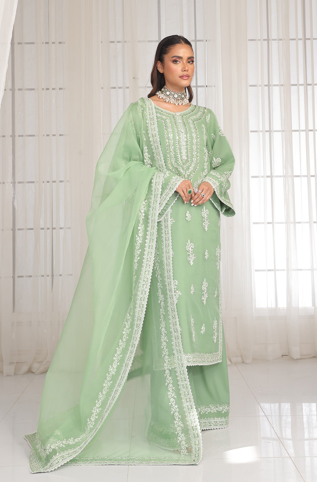 Pastel Pistachio Embroidered Pure Organza Salwar Kameez (3-Piece) - Image 11