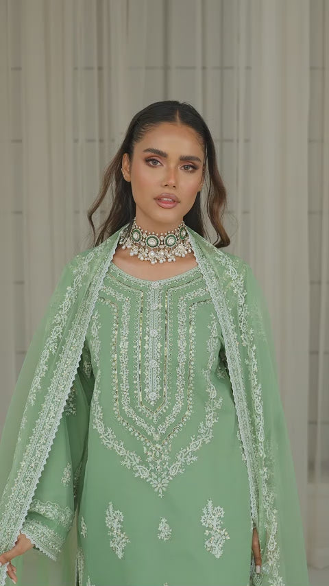 Pastel Pistachio Embroidered Pure Organza Salwar Kameez (3-Piece) - Image 2