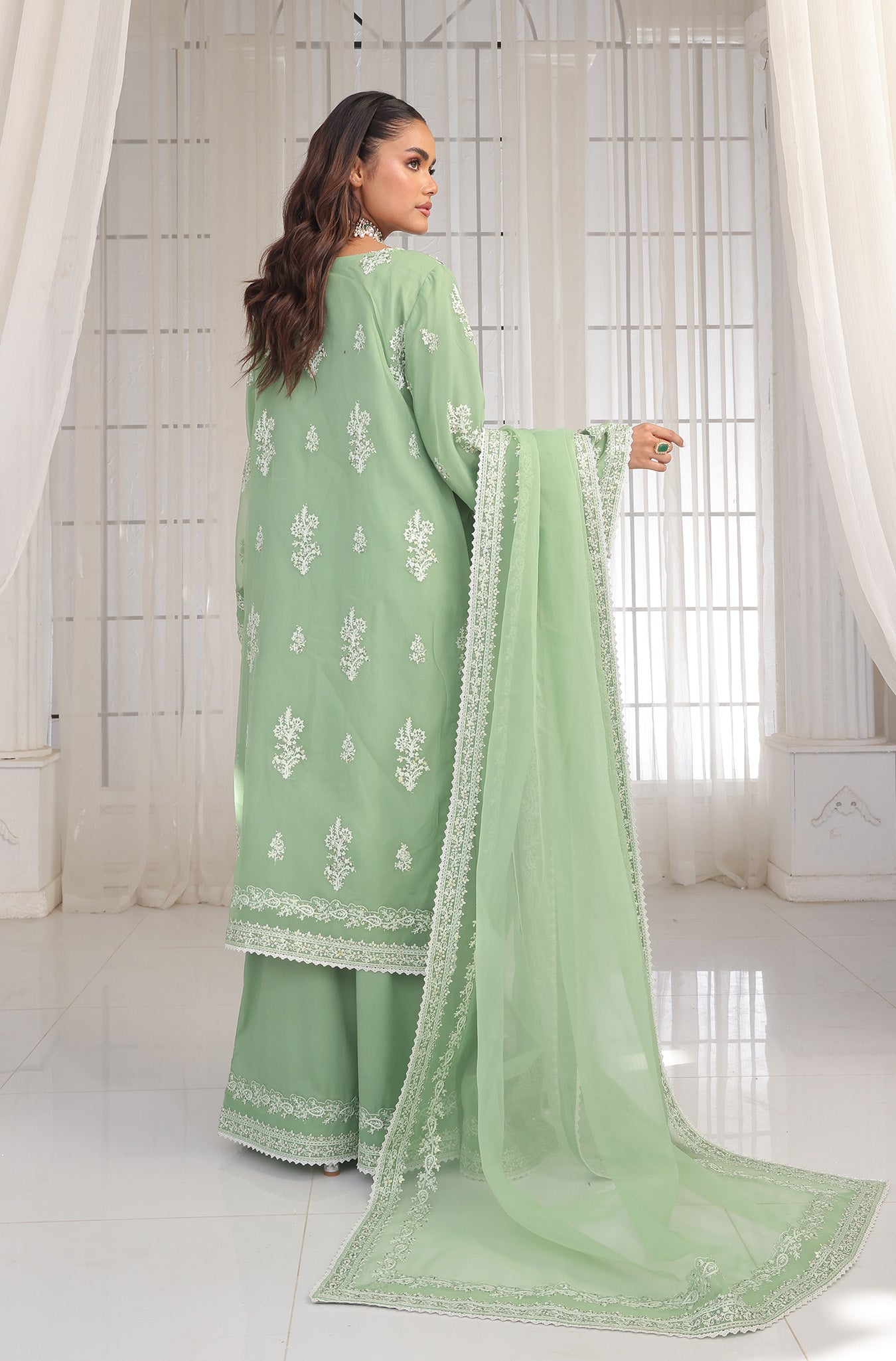 Pastel Pistachio Embroidered Pure Organza Salwar Kameez (3-Piece) - Image 6