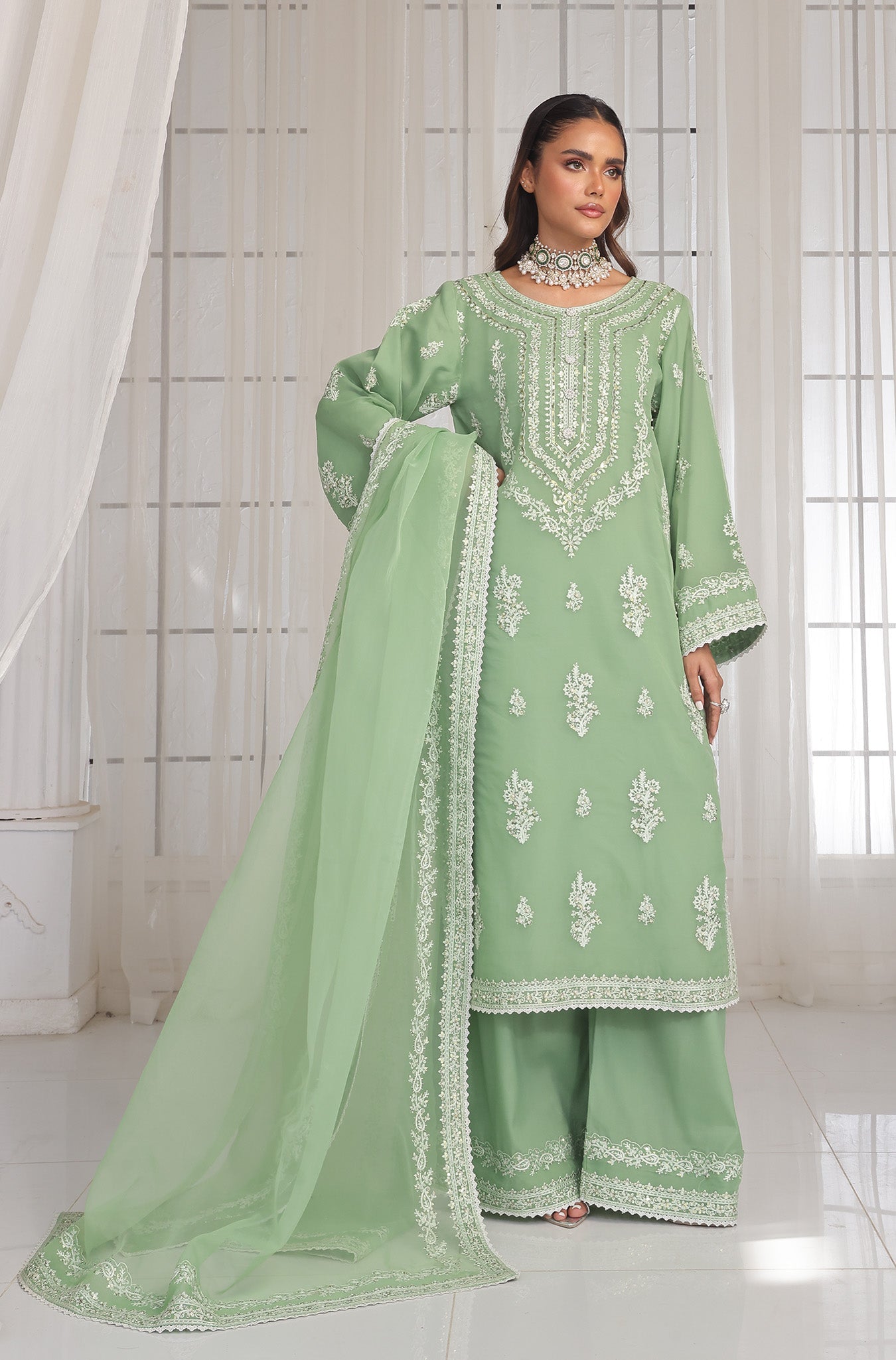 Pastel Pistachio Embroidered Pure Organza Salwar Kameez (3-Piece) - Image 7