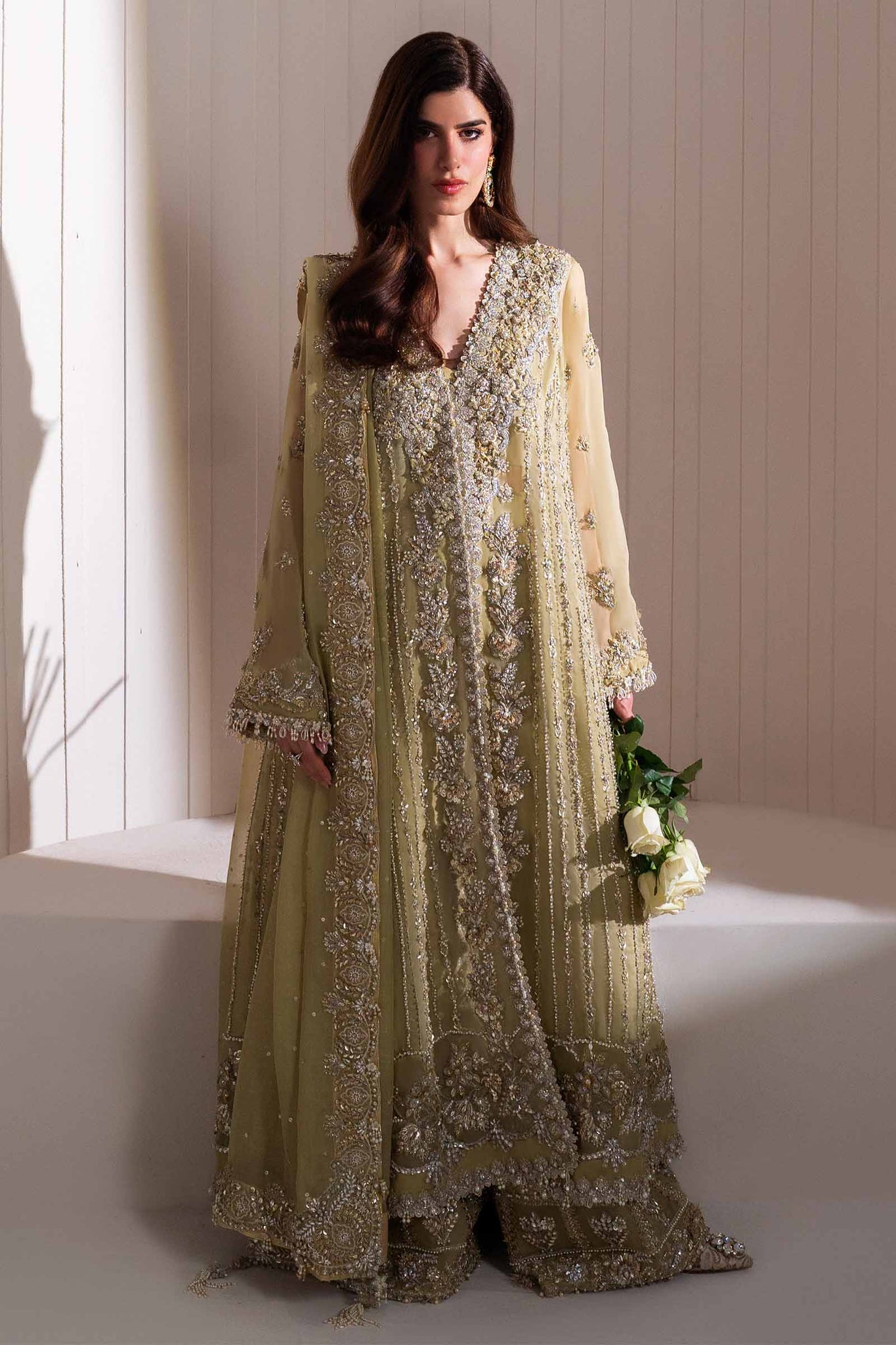Pakistani Olive Zardozi & Gota Organza Salwar Kameez (3-Piece) - Image 2