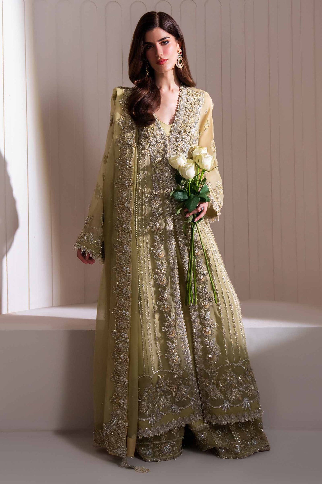 Pakistani Olive Zardozi & Gota Organza Salwar Kameez (3-Piece) - Image 3