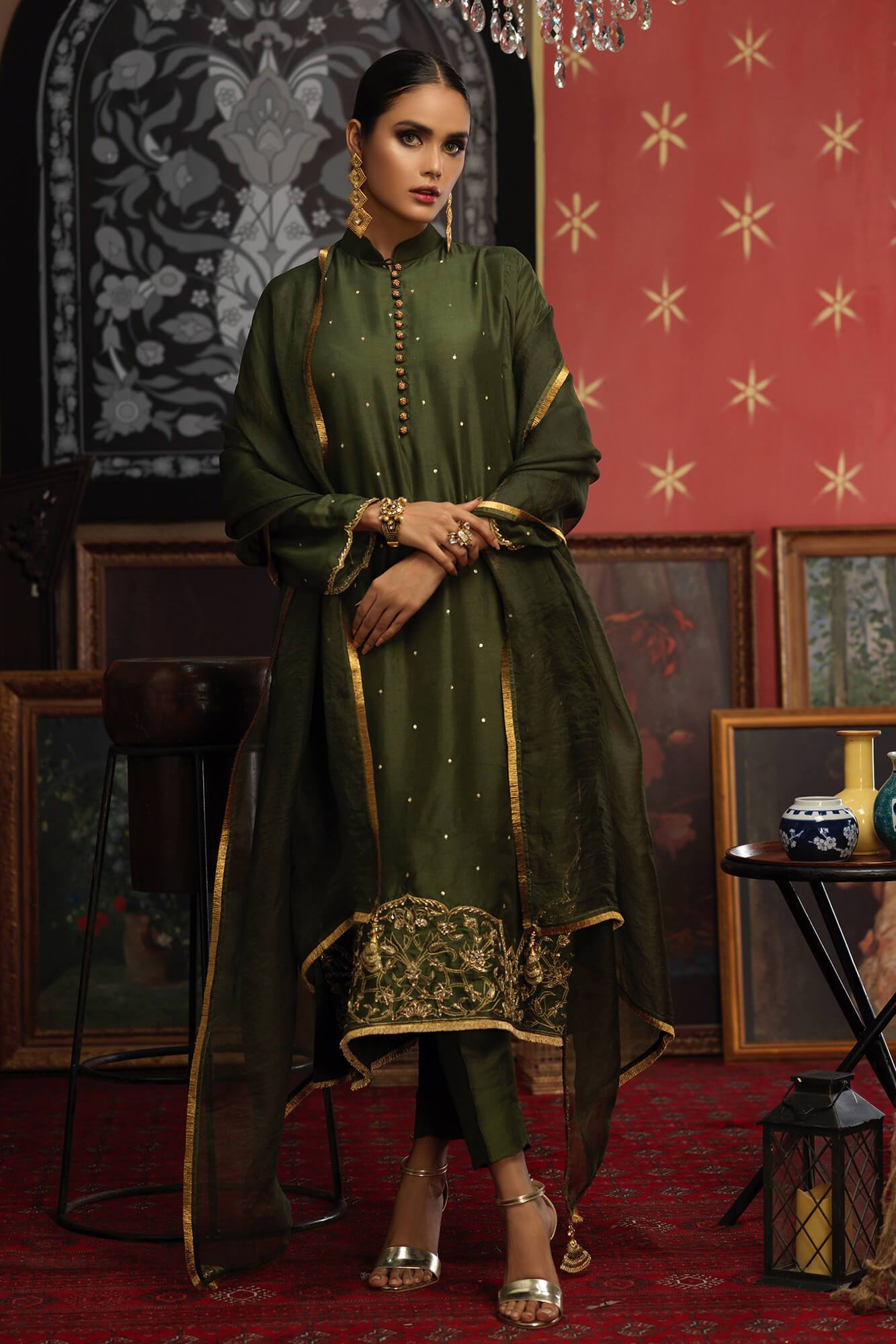 Pakistani Army Green Hand Embroidered PK Raw Silk Salwar Kameez (3-Piece) - Image 1