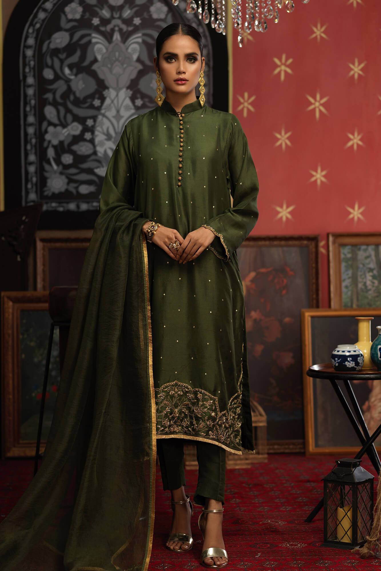 Pakistani Army Green Hand Embroidered PK Raw Silk Salwar Kameez (3-Piece) - Image 2