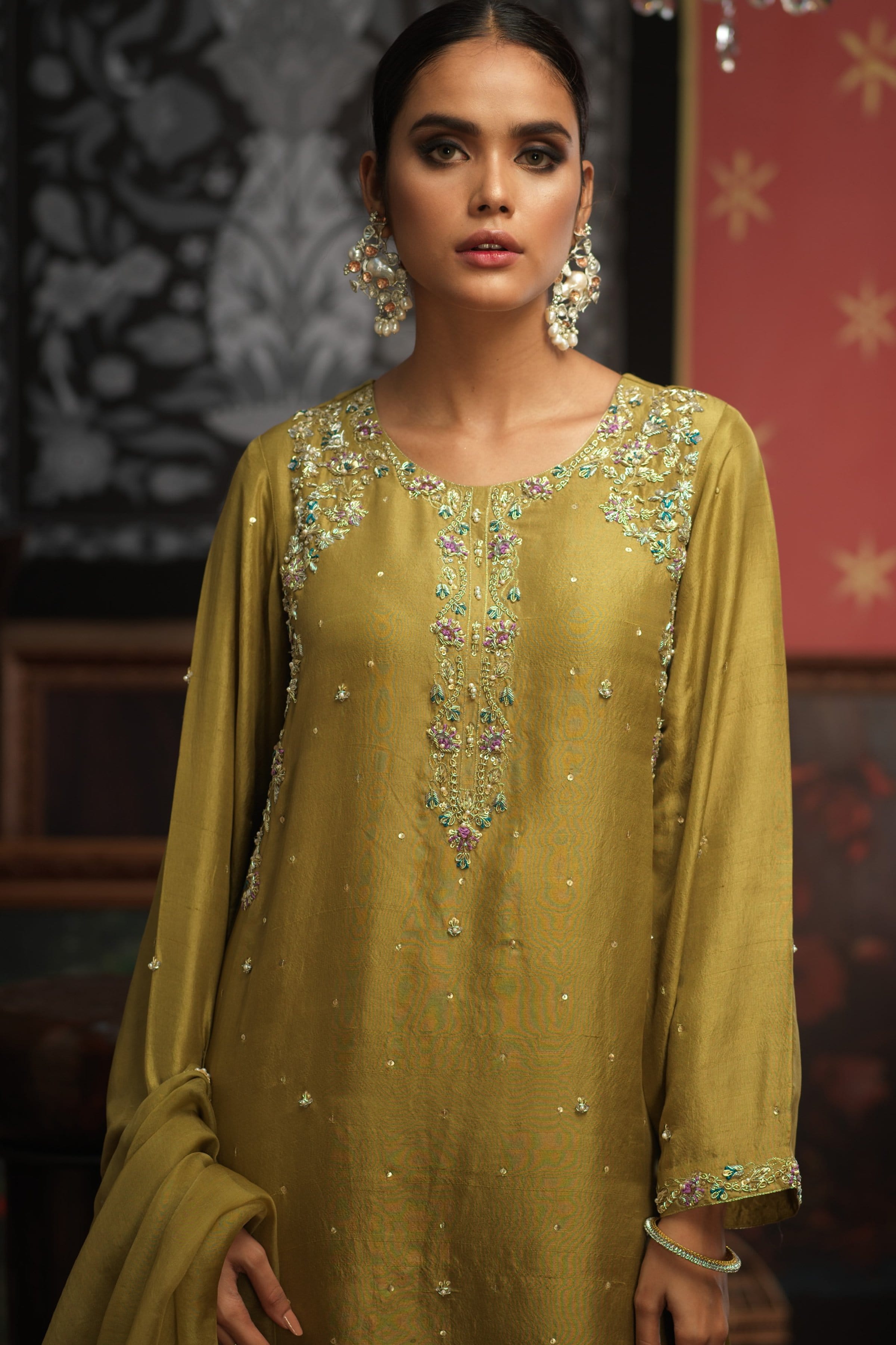 Olive Green Hand-Embellished PK Raw Silk Salwar Kameez (3-Piece) - Image 1