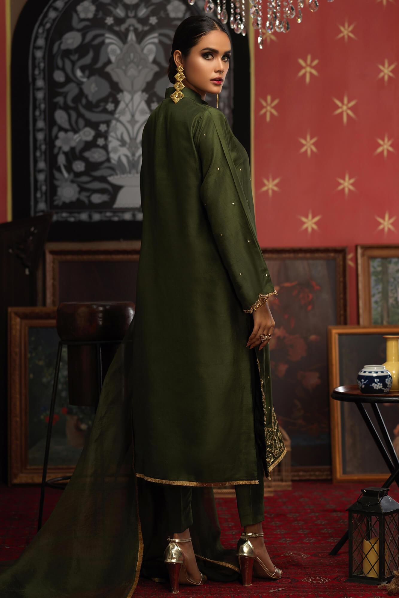 Army Green Hand Embroidered PK Raw Silk Salwar Kameez (3-Piece) - Image 3
