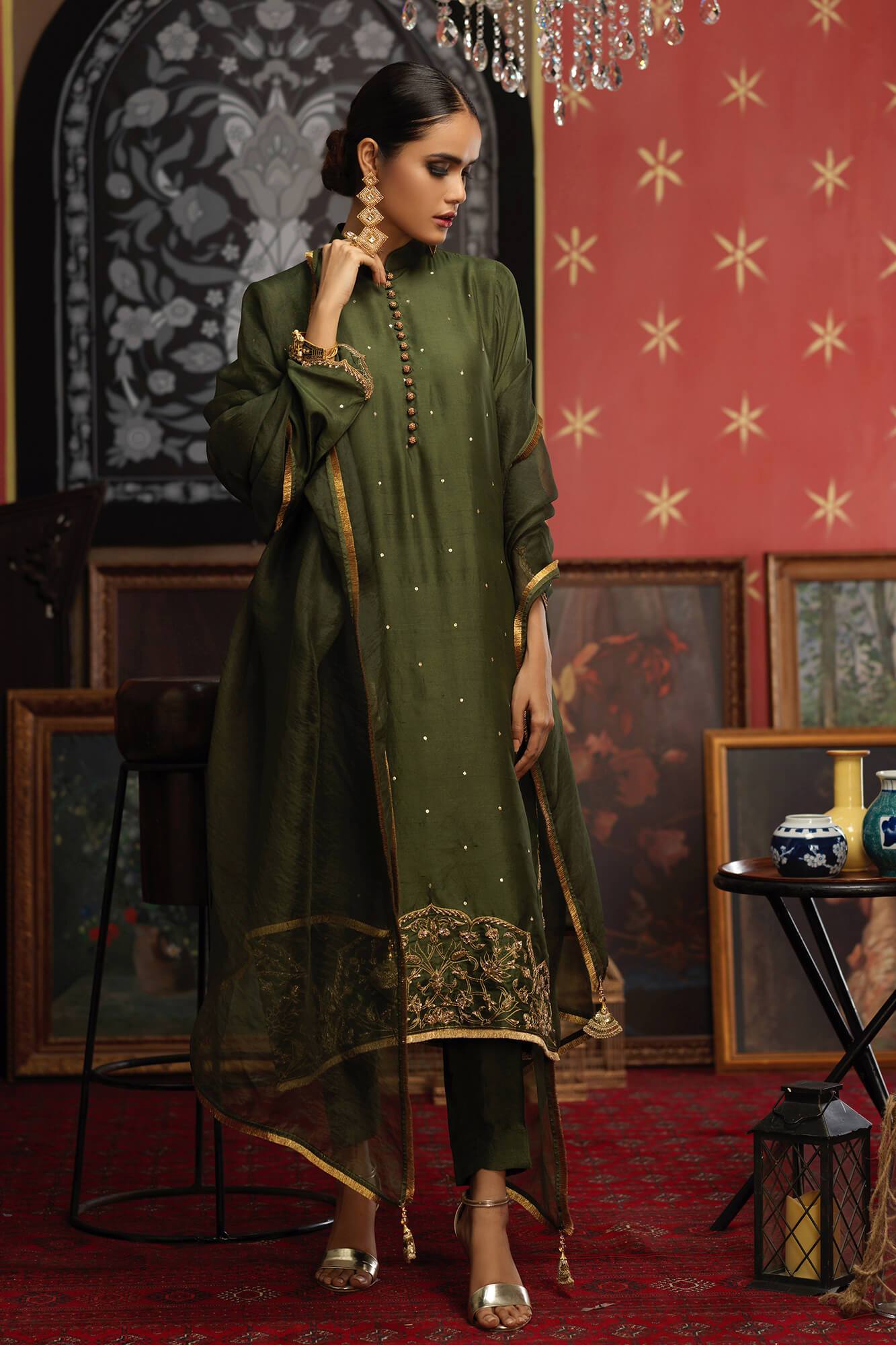 Army Green Hand Embroidered PK Raw Silk Salwar Kameez (3-Piece) - Image 4