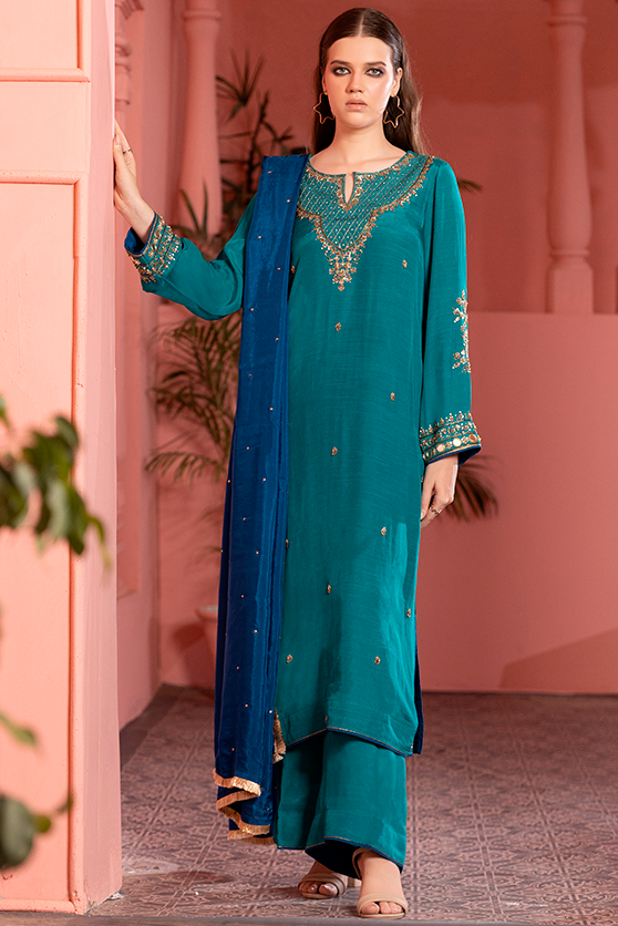 Green Embroidered PK Raw Silk Salwar Kameez (3-Piece) - Image 2