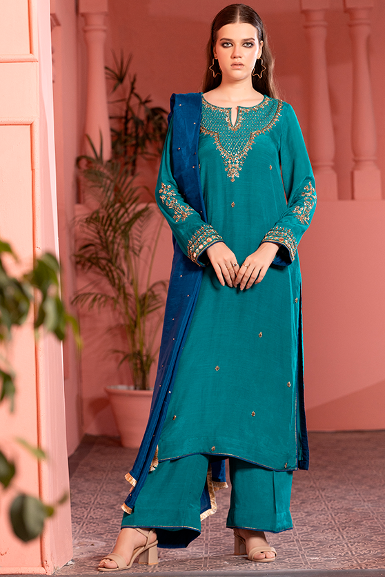 Green Embroidered PK Raw Silk Salwar Kameez (3-Piece) - Image 3