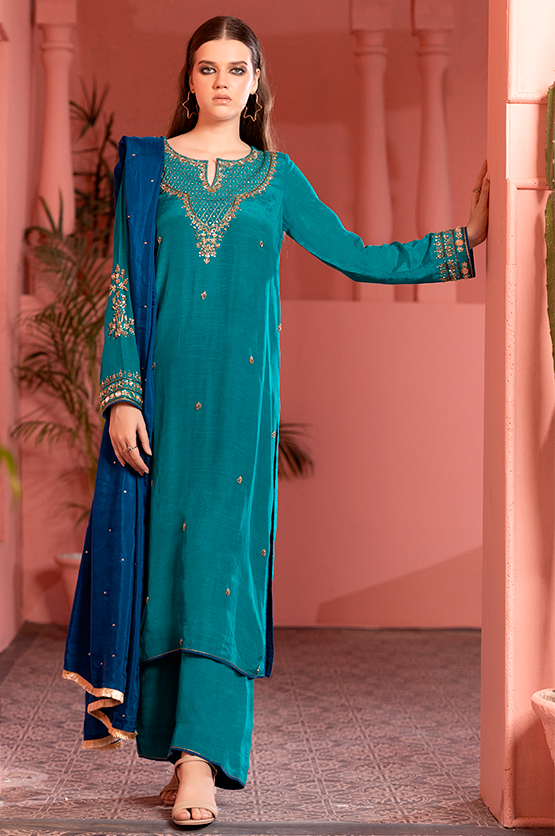Green Embroidered PK Raw Silk Salwar Kameez (3-Piece) - Image 4