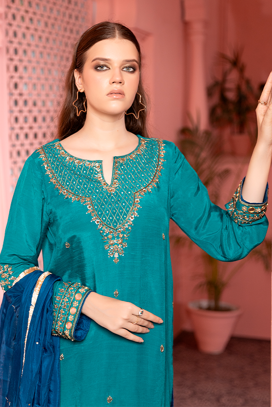 Green Embroidered PK Raw Silk Salwar Kameez (3-Piece) - Image 7