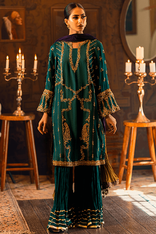 Emerald Green Embroidered PK Raw Silk Kurta Set (3-Piece) - Image 2