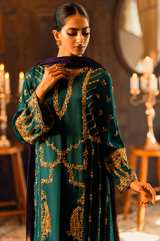 Emerald Green Embroidered PK Raw Silk Kurta Set (3-Piece) - Image 3