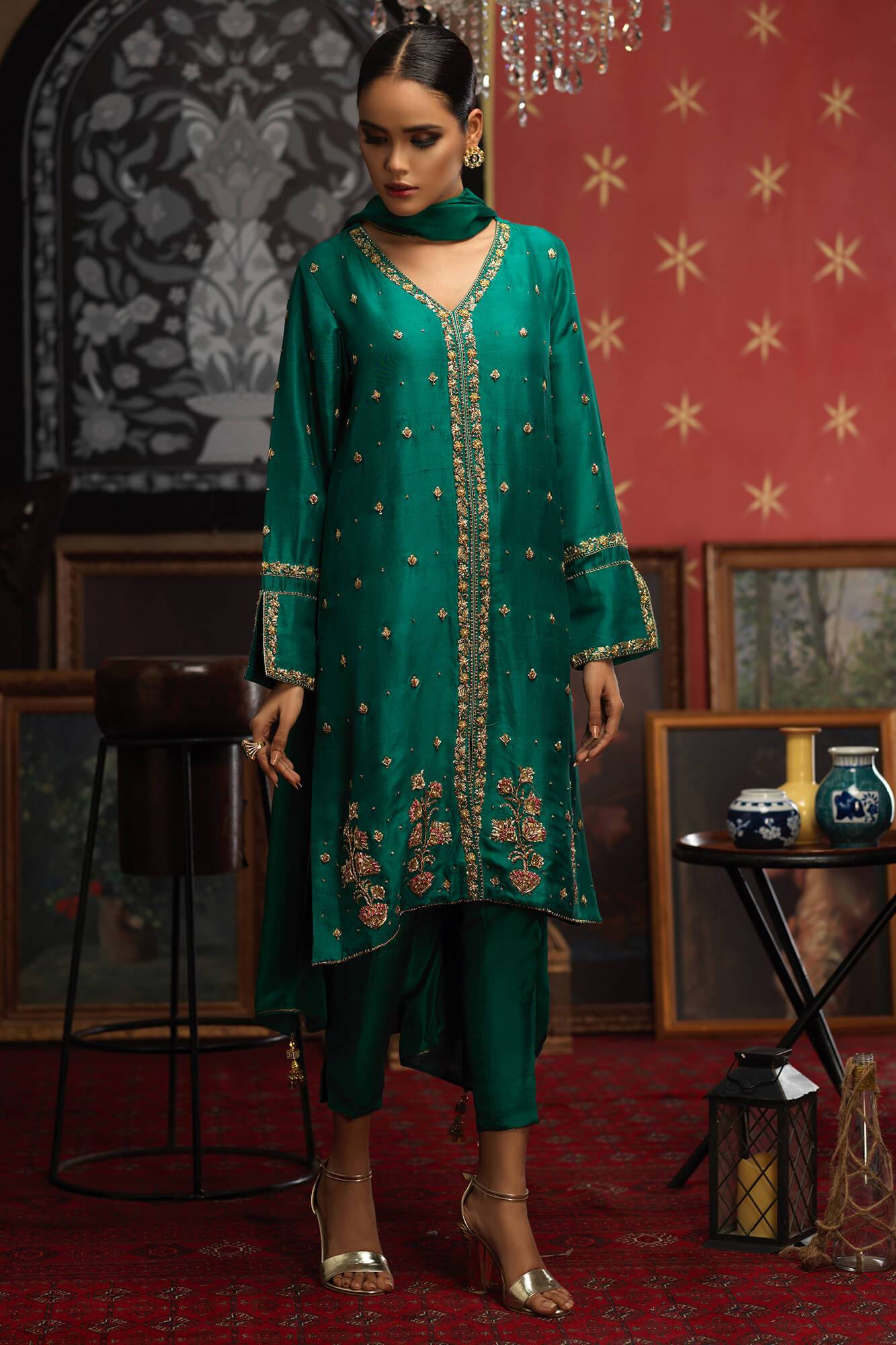 Pakistani Emerald Green Hand-Embellished PK Raw Silk Salwar Kameez (3-Piece) - Image 2