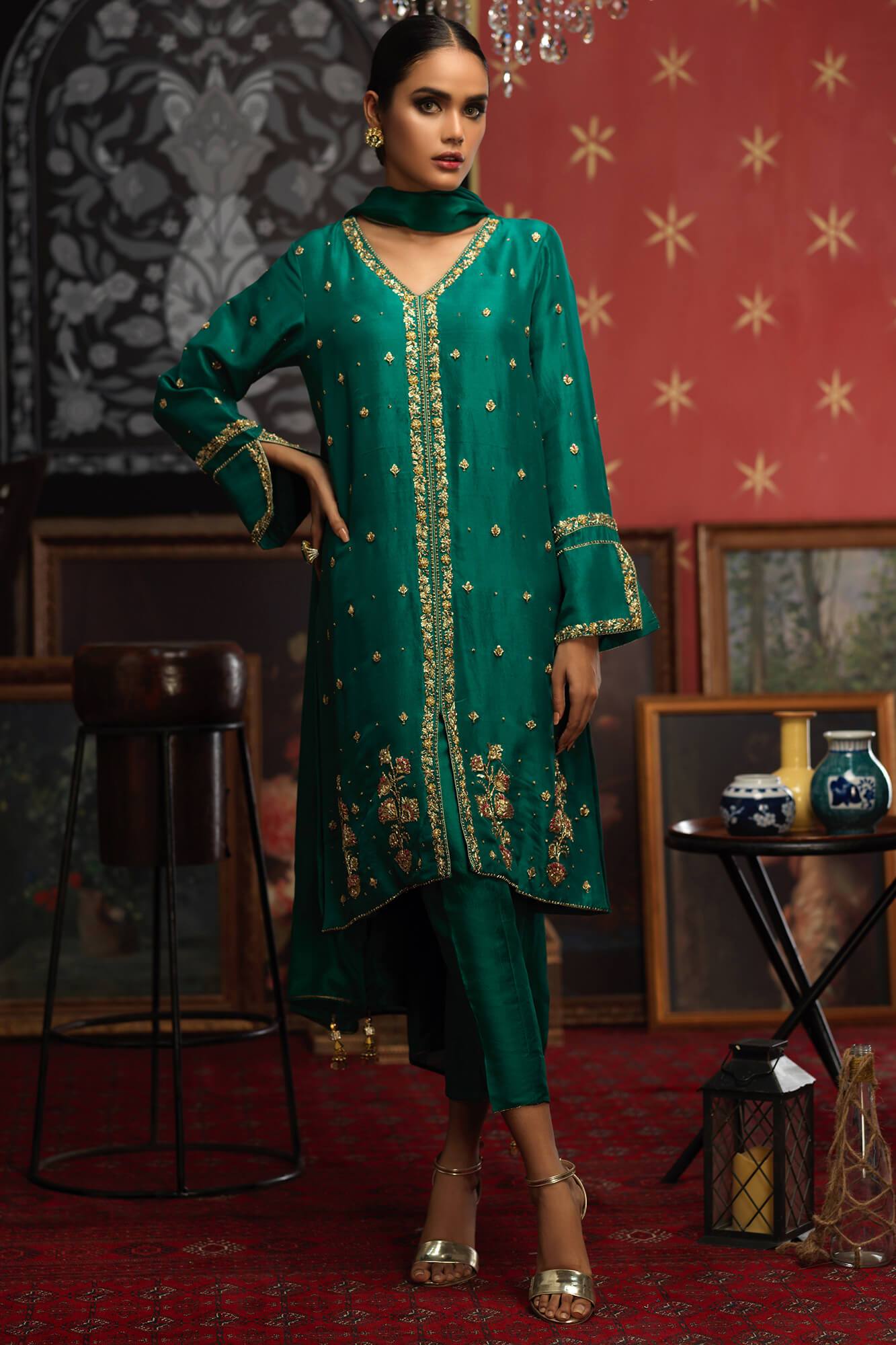 Pakistani Emerald Green Hand-Embellished PK Raw Silk Salwar Kameez (3-Piece) - Image 5