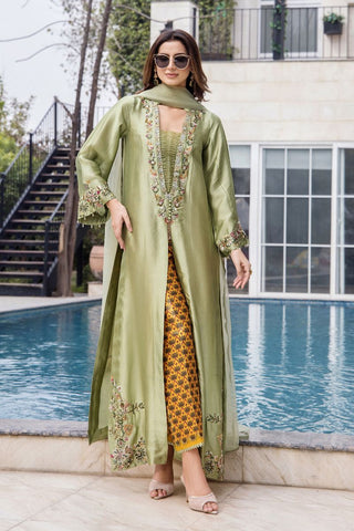 Pakistani Soft Mint Green Embroidered Pure Silk Long Jacket (3-Piece) - Image 2