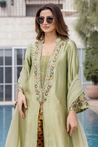 Pakistani Soft Mint Green Embroidered Pure Silk Long Jacket (3-Piece) - Image 3