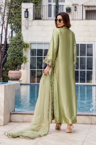 Pakistani Soft Mint Green Embroidered Pure Silk Long Jacket (3-Piece) - Image 4