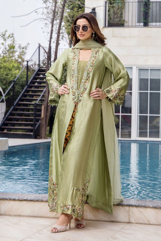 Pakistani Soft Mint Green Embroidered Pure Silk Long Jacket (3-Piece) - Image 5
