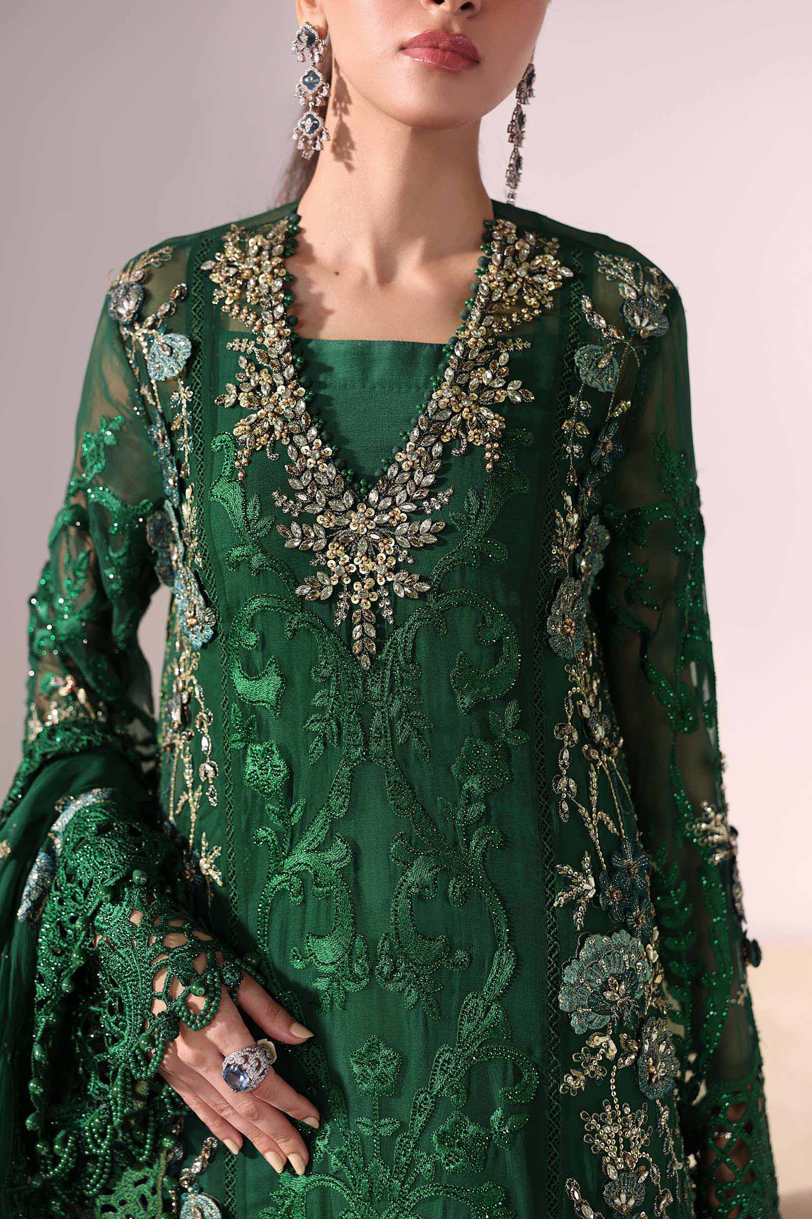 Emerald Green Embroidered Chiffon & Raw Silk Suit (3-Piece) - Image 10