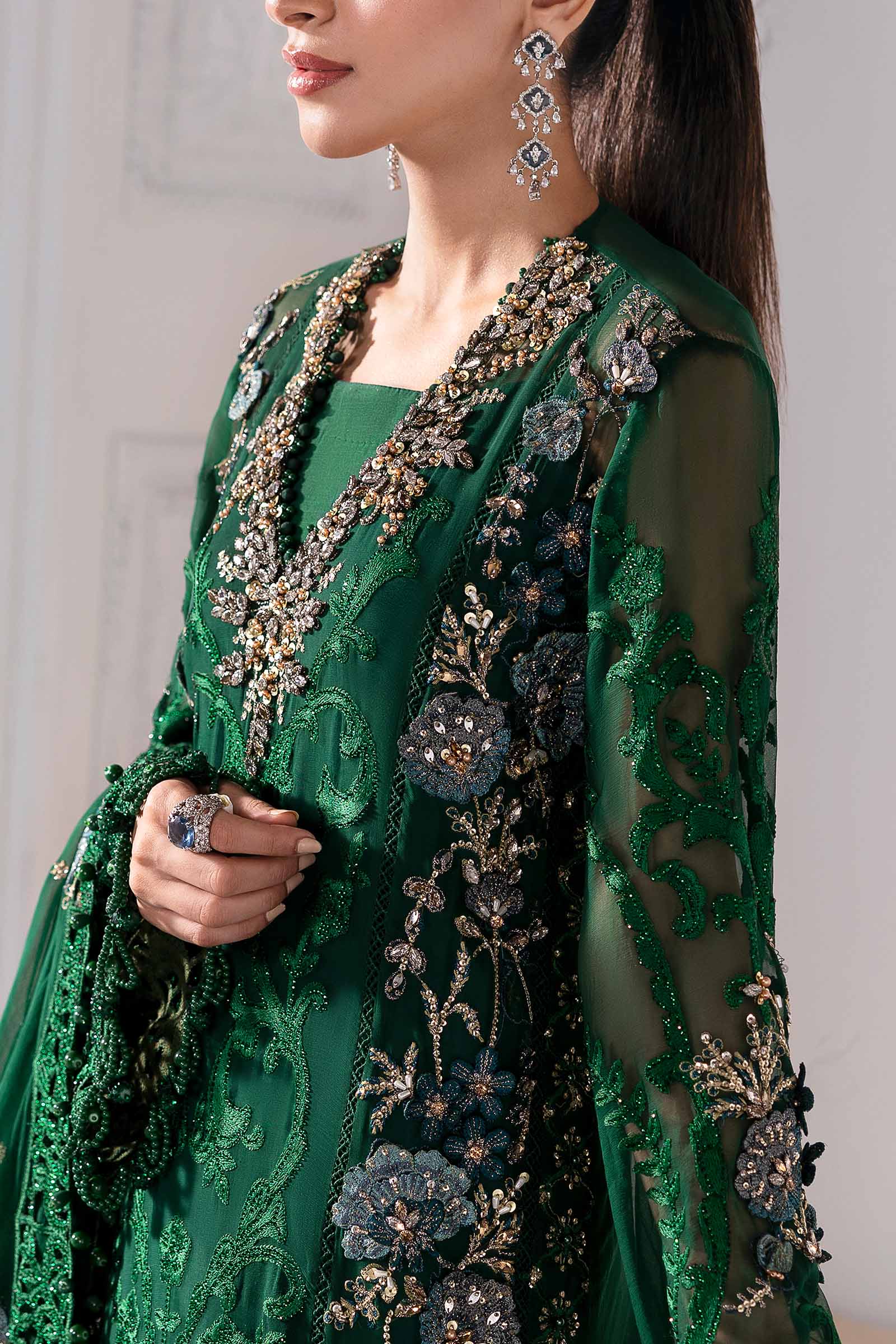 Emerald Green Embroidered Chiffon & Raw Silk Suit (3-Piece) - Image 11