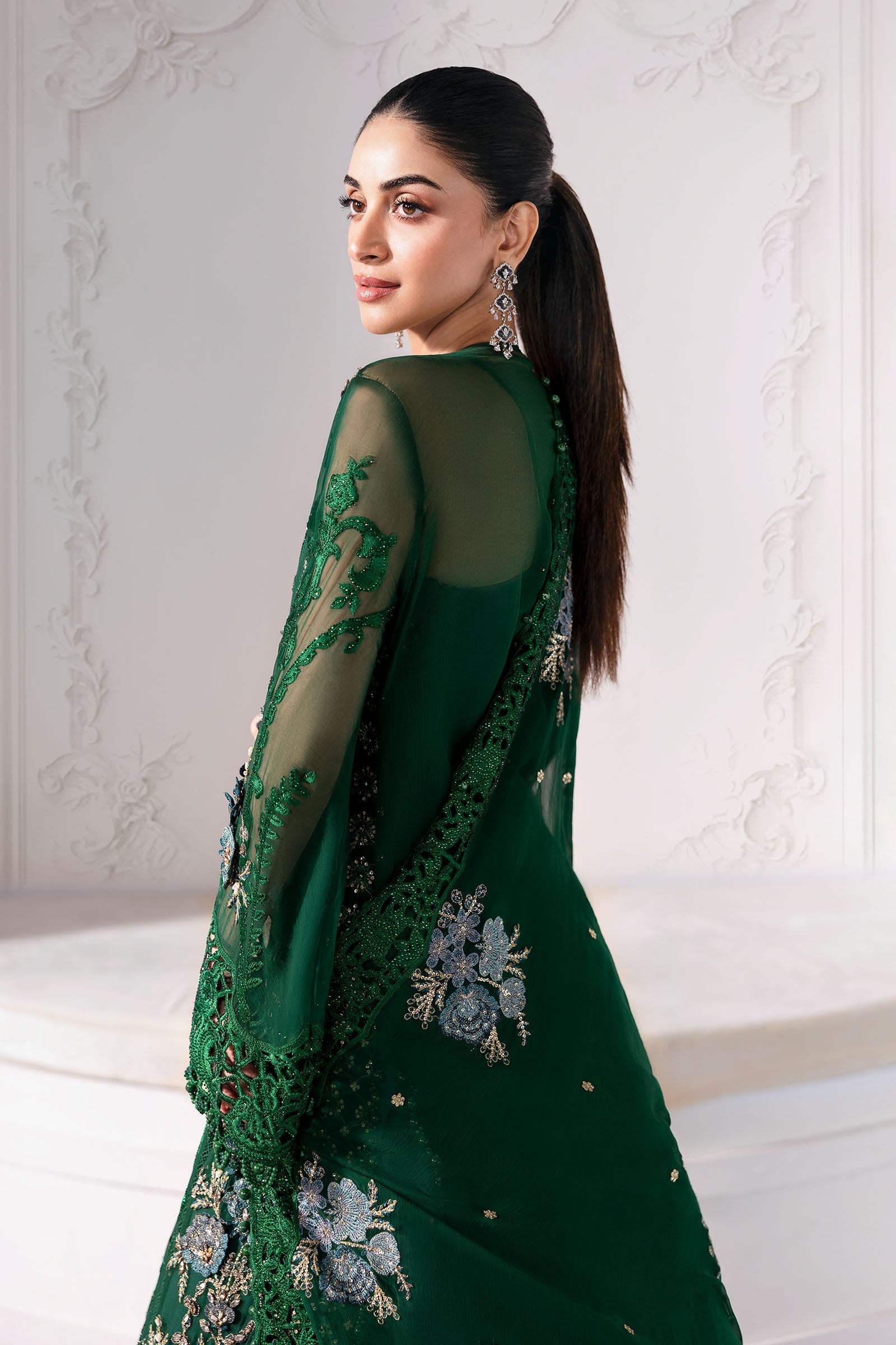 Emerald Green Embroidered Chiffon & Raw Silk Suit (3-Piece) - Image 12
