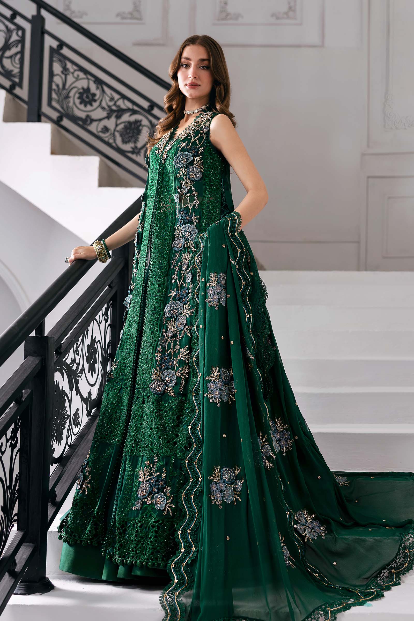 Emerald Green Embroidered Chiffon & Raw Silk Suit (3-Piece) - Image 19