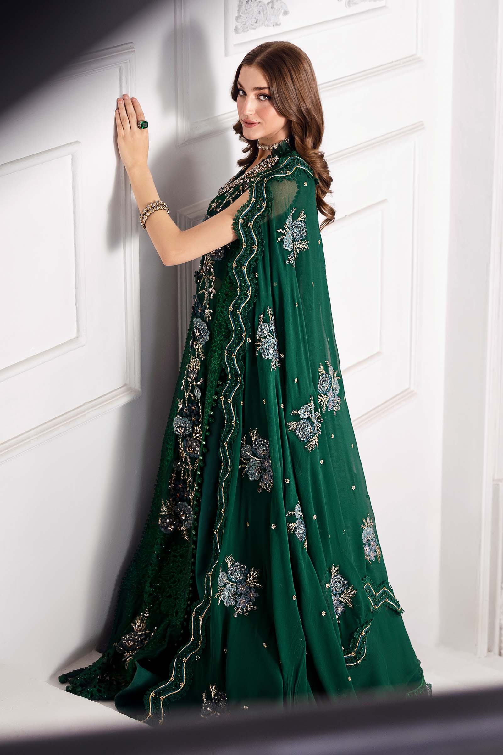 Emerald Green Embroidered Chiffon & Raw Silk Suit (3-Piece) - Image 20