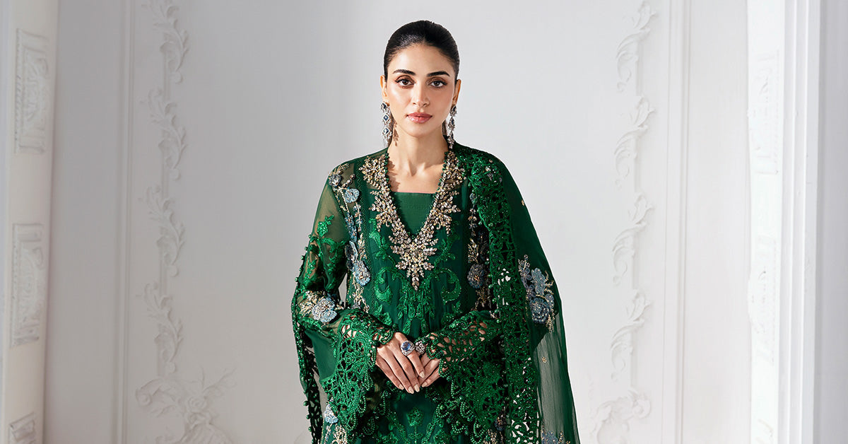 Emerald Green Embroidered Chiffon & Raw Silk Suit (3-Piece) - Image 22