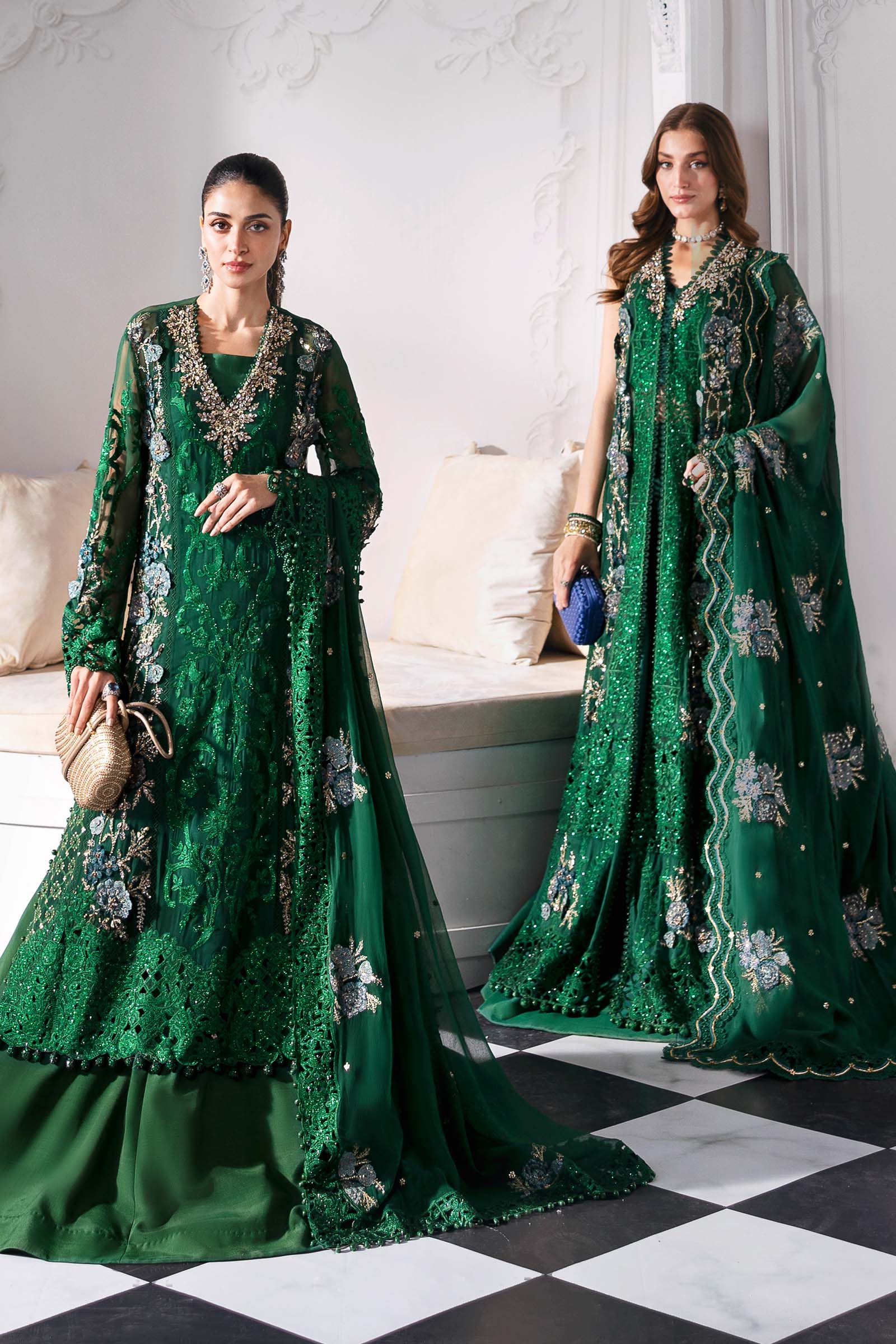 Emerald Green Embroidered Chiffon & Raw Silk Suit (3-Piece) - Image 3
