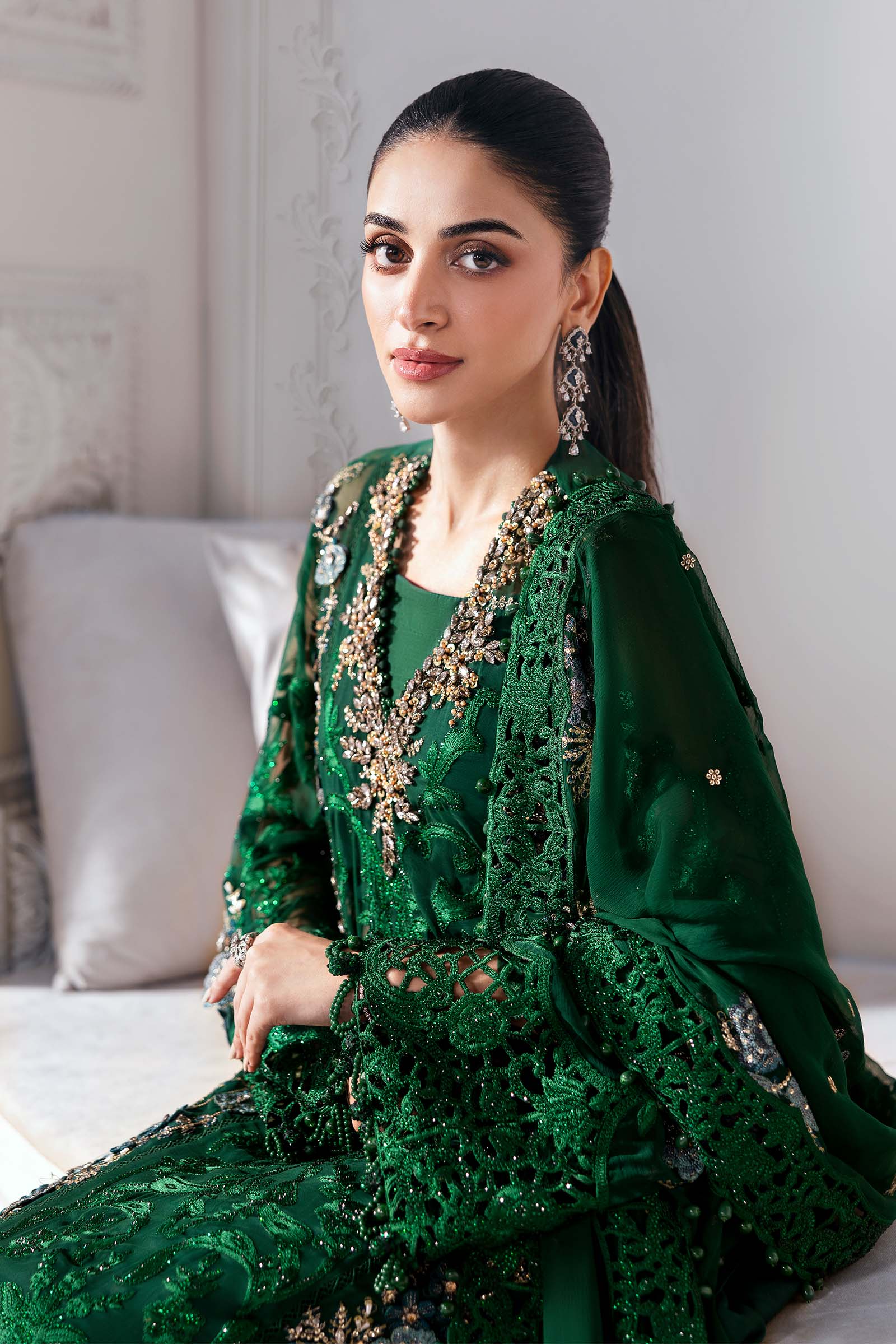 Emerald Green Embroidered Chiffon & Raw Silk Suit (3-Piece) - Image 7