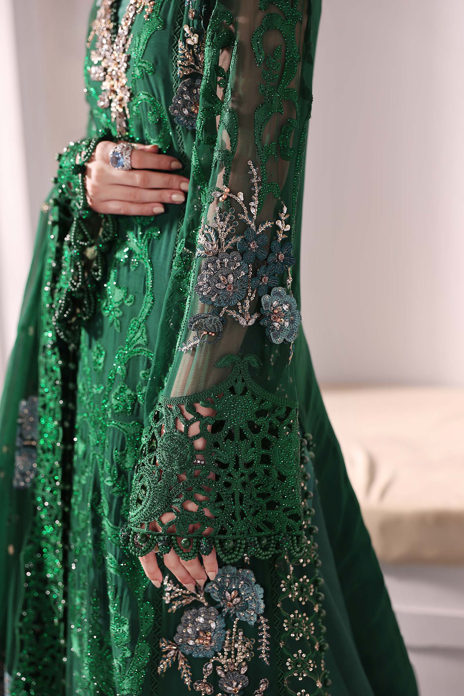 Emerald Green Embroidered Chiffon & Raw Silk Suit (3-Piece) - Image 9