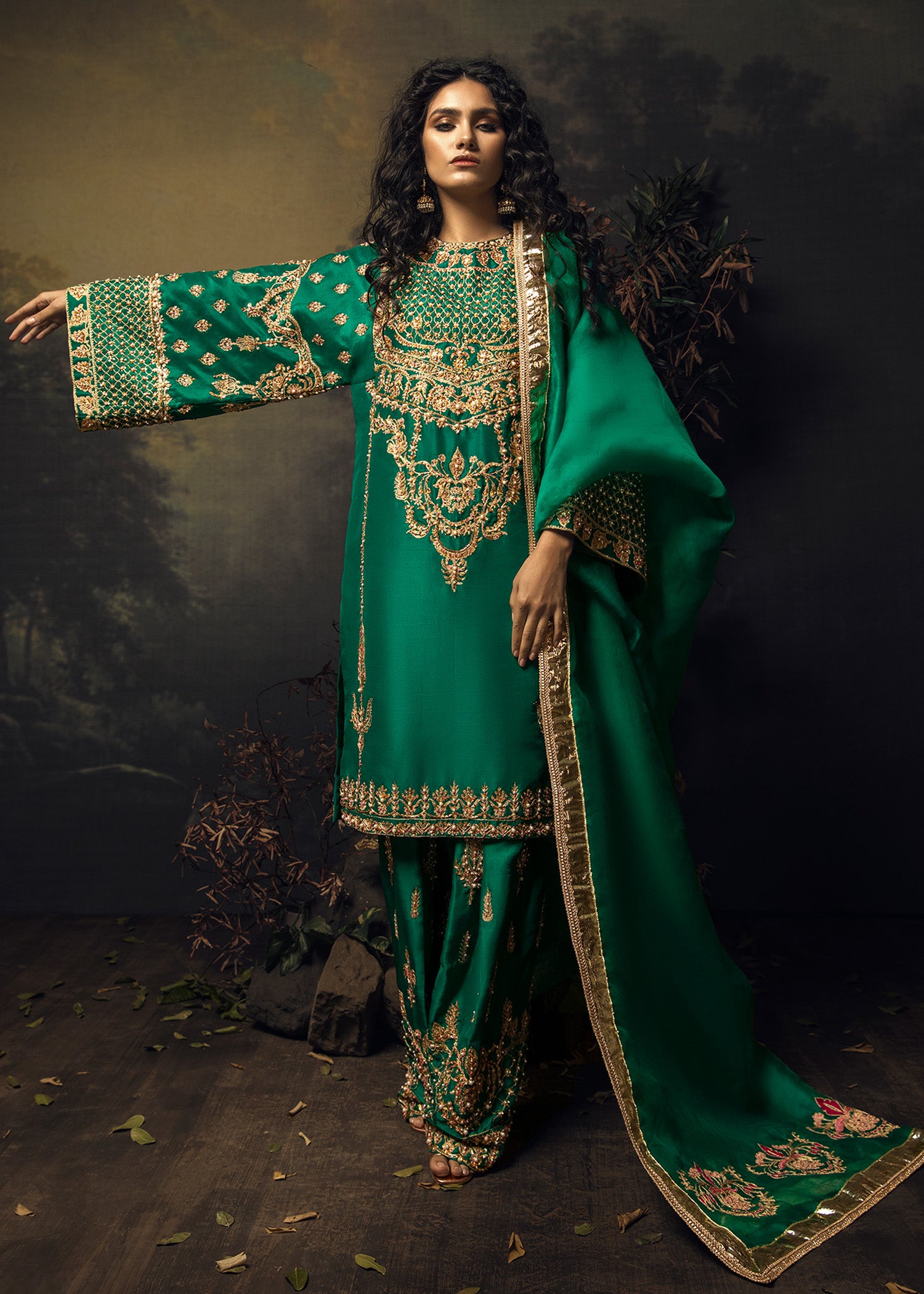 Emerald Green Aari Embroidered Raw Silk Shalwar Kameez (3-Piece) - Image 1
