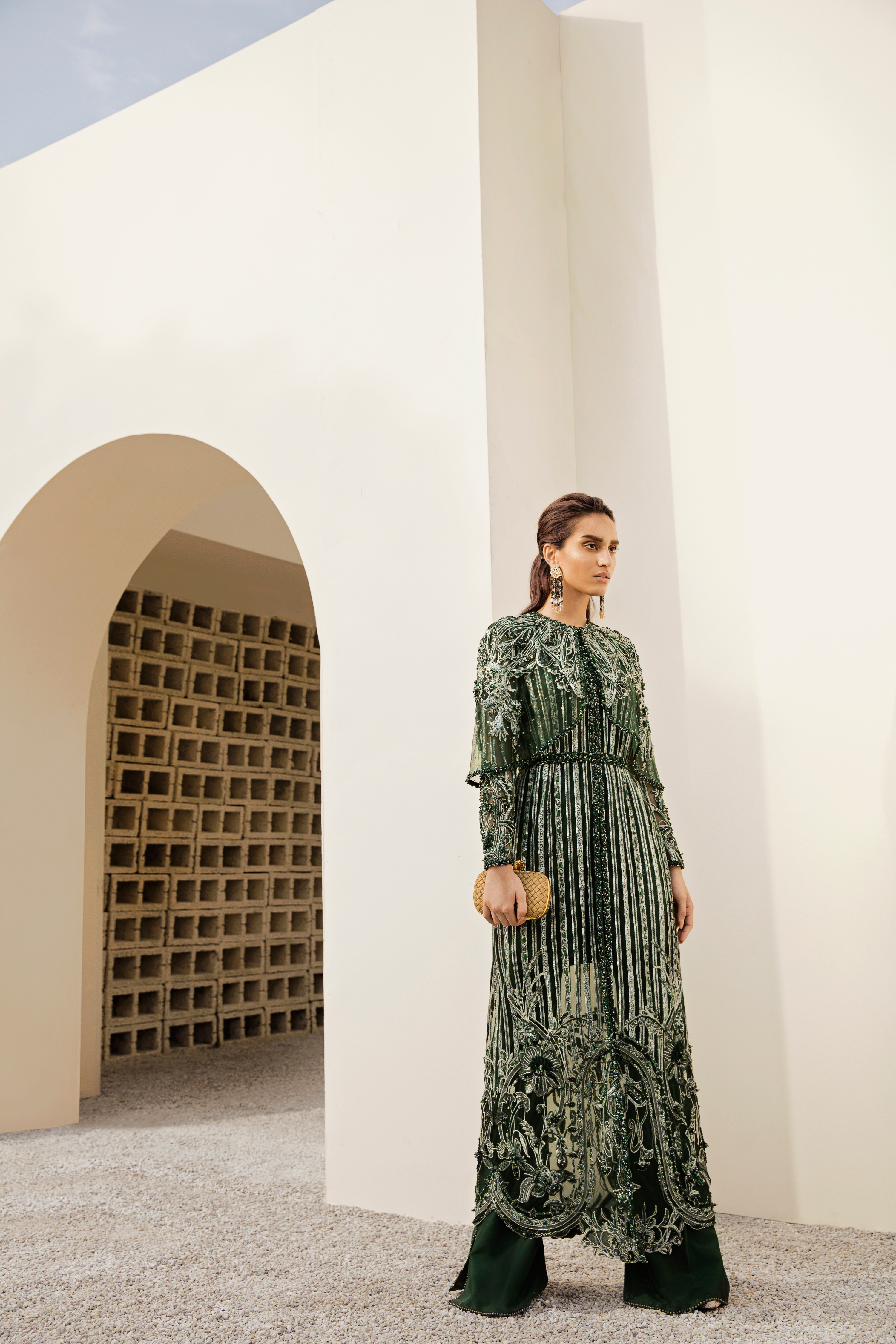 Pakistani Emerald Hand-Embellished Net Long Shirt (3-Piece) - Image 3